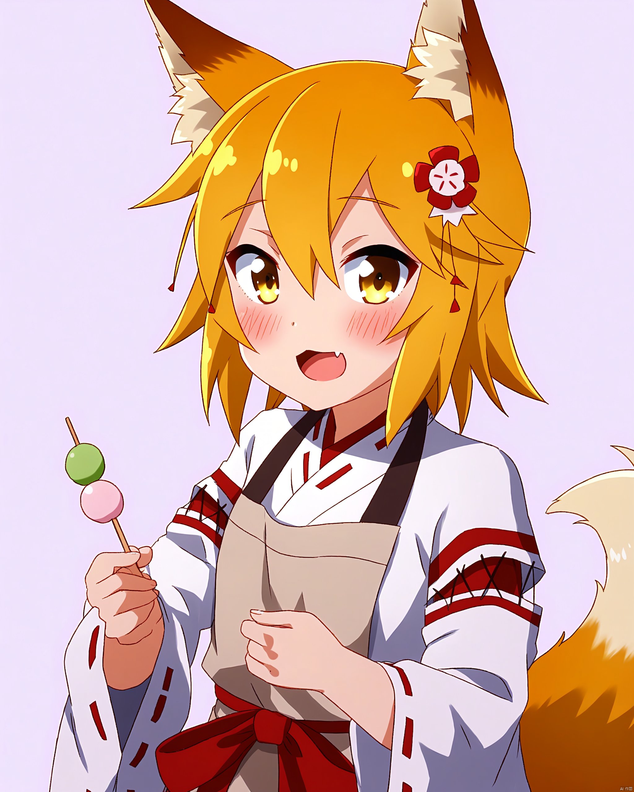 1girl, animal_ear_fluff, animal_ears, apron, bio012450, blonde_hair, blush, commentary_request, dango, detached_sleeves, fang, food, fox_ears, fox_girl, fox_tail, giving, hair_between_eyes, hair_ornament, head_tilt, highres, holding, holding_food, japanese_clothes, looking_at_viewer, miko, open_mouth, sanshoku_dango, senko_\(sewayaki_kitsune_no_senko-san\), sewayaki_kitsune_no_senko-san, short_hair, simple_background, skewer, skin_fang, solo, standing, tail, upper_body, wagashi, white_background, yellow_eyes