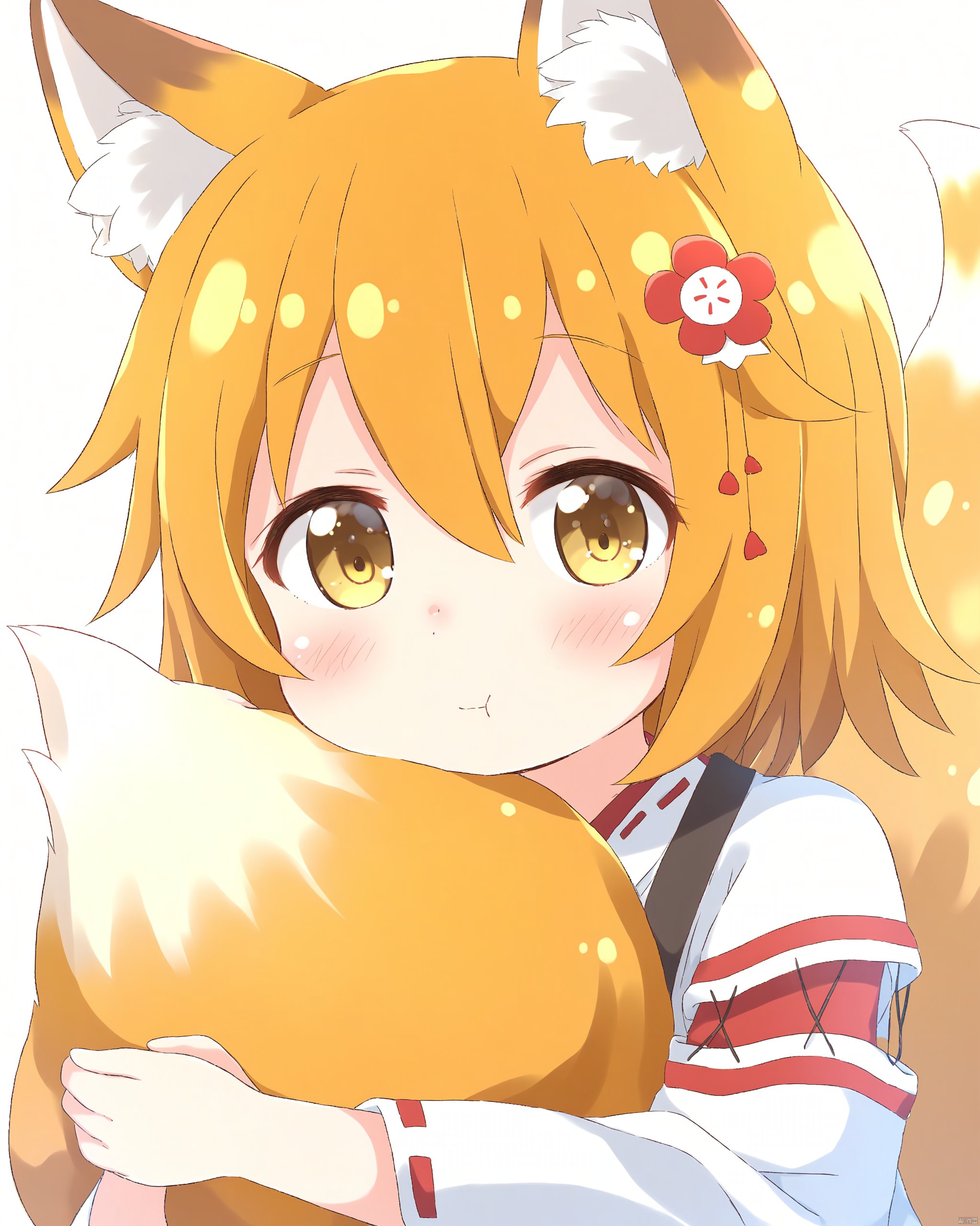 1girl, :t, animal_ear_fluff, animal_ears, araki495, blonde_hair, blush, brown_eyes, closed_mouth, commentary_request, flower, fox_ears, fox_girl, fox_tail, hair_between_eyes, hair_flower, hair_ornament, highres, hugging_own_tail, hugging_tail, japanese_clothes, kimono, long_sleeves, looking_at_viewer, pout, red_flower, ribbon-trimmed_kimono, ribbon-trimmed_sleeves, ribbon_trim, senko_\(sewayaki_kitsune_no_senko-san\), sewayaki_kitsune_no_senko-san, solo, tail, upper_body, white_background, white_kimono, wide_sleeves, yellow_eyes