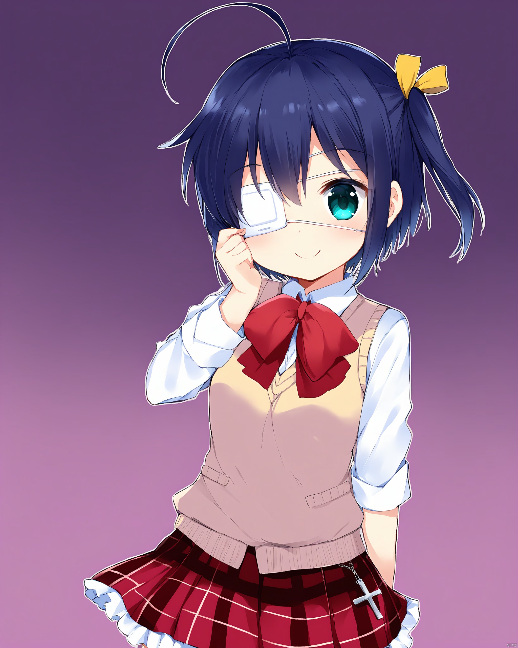 chuunibyou_demo_koi_ga_shitai!,1girl, ahoge, bandages, black_hair, blue_eyes, cellphone, chuunibyou_demo_koi_ga_shitai!, commentary_request, cross, dress_shirt, eyepatch, frilled_skirt, frills, fu_\(counting01\), green_eyes, icho_private_high_school_uniform, medical_eyepatch, one_side_up, phone, plaid, plaid_skirt, school_uniform, shirt, short_hair, skirt, smile, solo, sweater_vest, takanashi_rikka