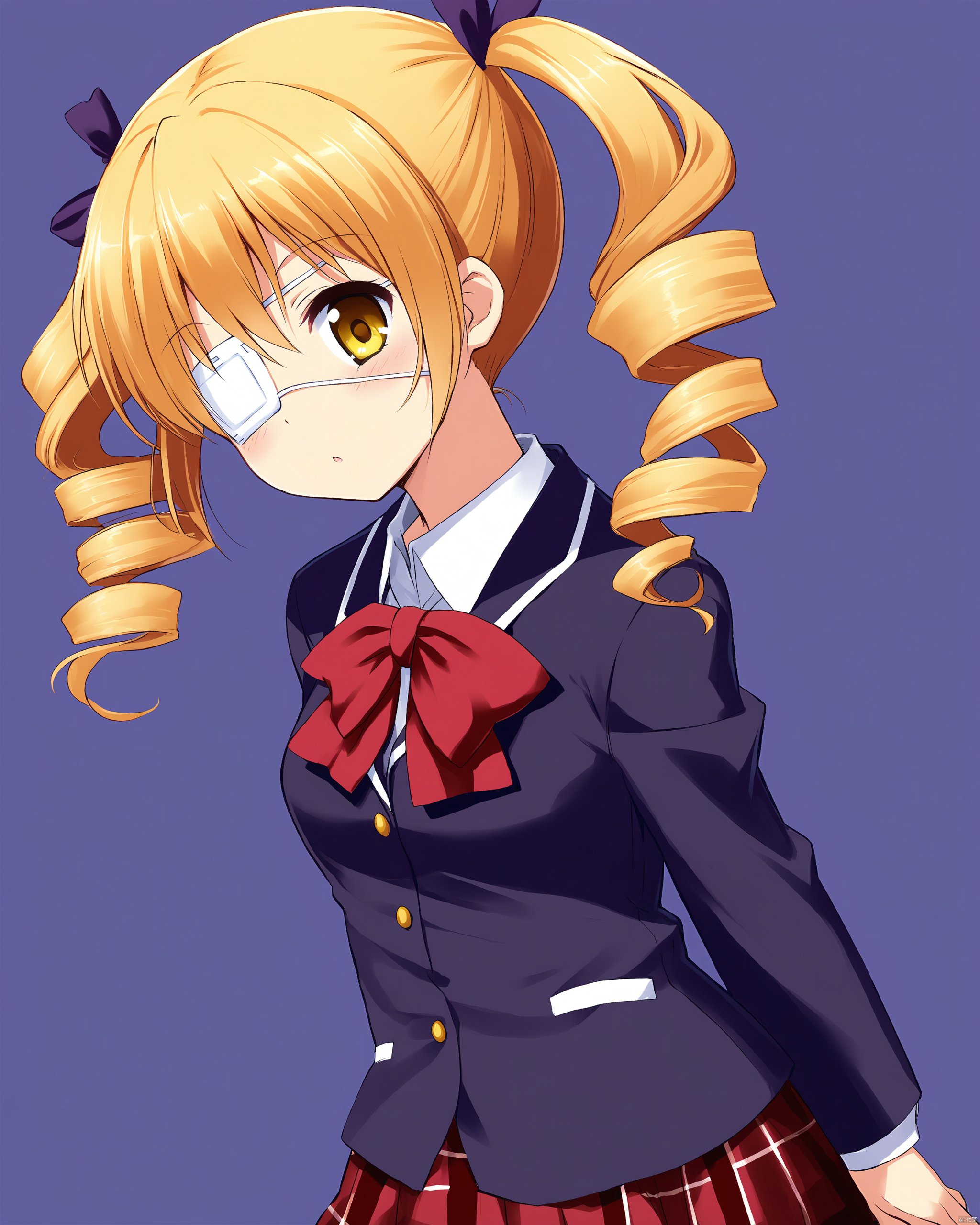 chuunibyou_demo_koi_ga_shitai!,1girl, blonde_hair, bow, chuunibyou_demo_koi_ga_shitai!, commentary_request, cosplay, drill_hair, eyepatch, hair_ornament, icho_private_high_school_uniform, lavoy_\(kurakuro\), mahou_shoujo_madoka_magica, mahou_shoujo_madoka_magica_\(anime\), medical_eyepatch, school_uniform, simple_background, skirt, solo, takanashi_rikka, takanashi_rikka_\(cosplay\), tomoe_mami, twin_drills, twintails, white_background, yellow_eyes