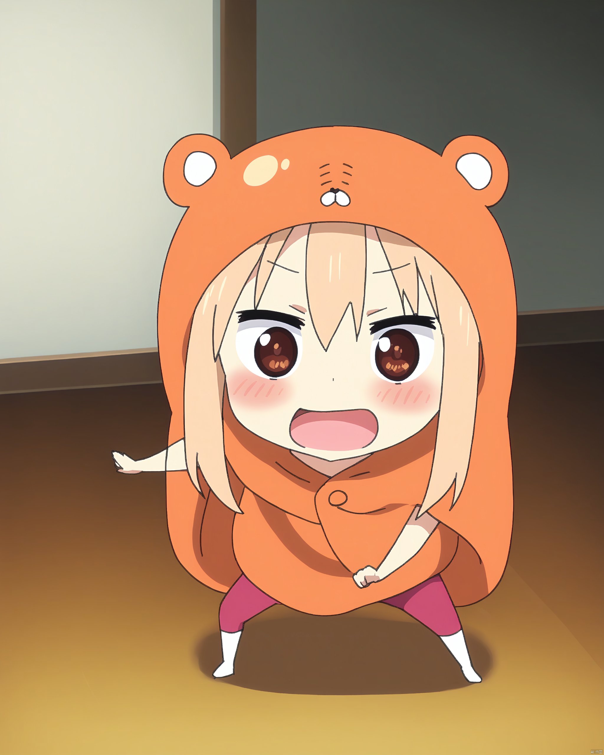 himouto!_umaru-chan,10s, 1girl, ^^^, animated, animated_gif, blush, doma_umaru, female_focus, fighting, fighting_stance, himouto!_umaru-chan, lowres, motion_blur, open_mouth, solo, wooden_floor