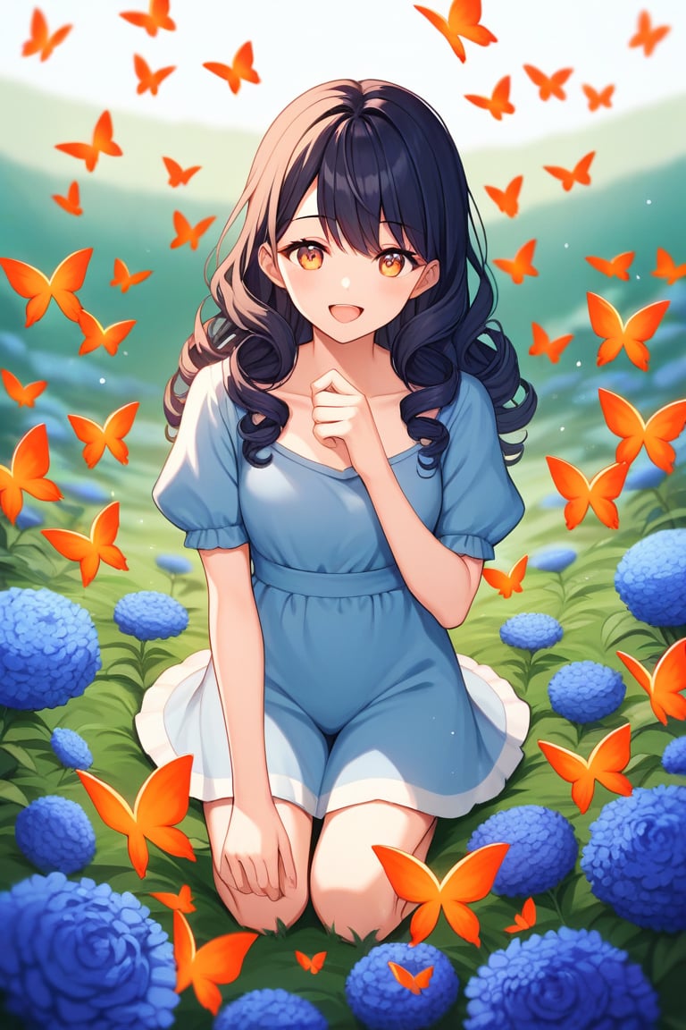 score_9, score_8_up, score_7_up, score_6_up, score_5_up, score_4_up, BREAK source_anime, Front view, happy stunning woman with curly long dark hair, wearing blue clothes sit in a beautiful field of flowers, colorful flowers everywhere, some blue and orange butterflies, perfect lighting