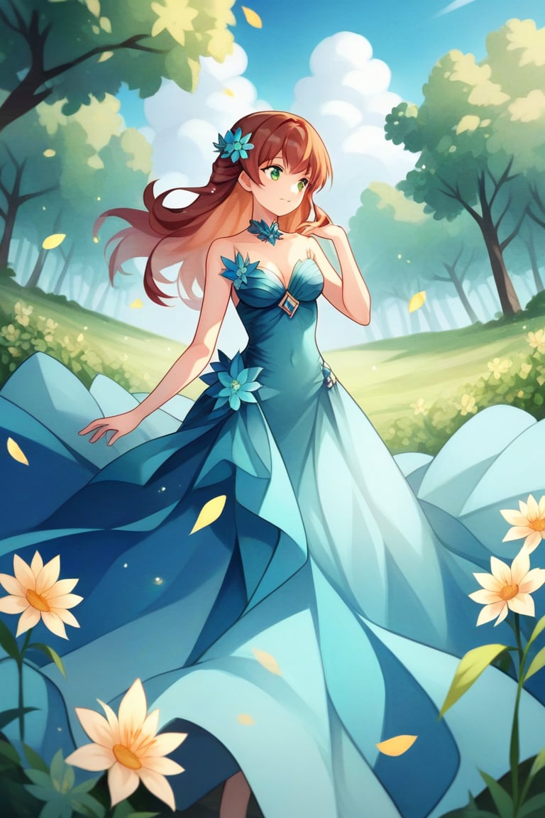 score_9, score_8_up, score_7_up, score_6_up, score_5_up, score_4_up, BREAK source_anime,rating_save, Beautiful and magical elven girl with long auburn-brown hair, dark-teal crystal gown with navy-blue accents, wandering in a John Lasseter style flower field as a light mist forms around her at the break of dawn, anime and watercolor splash
