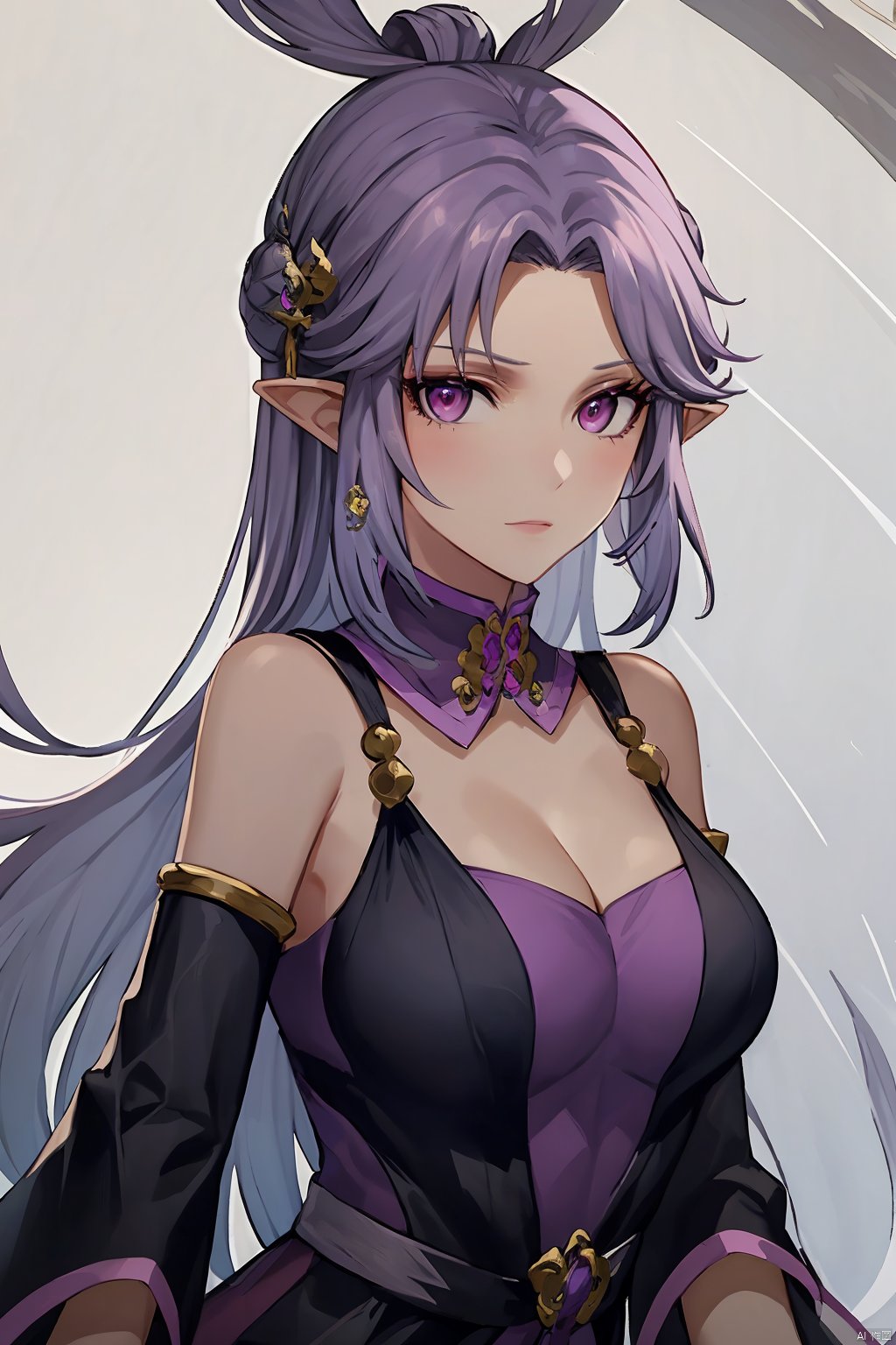 masterpiece,best quality,,1girl,solo,purple eyes,long hair,breasts,cleavage,purple hair,looking at viewer,collarbone,upper body,detached sleeves,medium breasts,bangs,hair ornament,pointy ears,detached collar,dress,bare shoulders,,