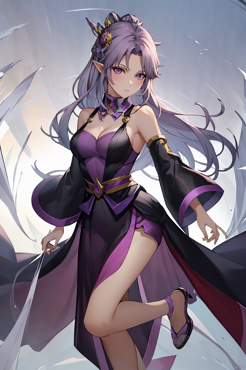 masterpiece,best quality,,1girl,solo,purple eyes,long hair,breasts,cleavage,purple hair,looking at viewer,collarbone,upper body,detached sleeves,medium breasts,bangs,hair ornament,pointy ears,detached collar,dress,bare shoulders,,full body,masterpiece, best quality,dynamic pose, dynamic angle,