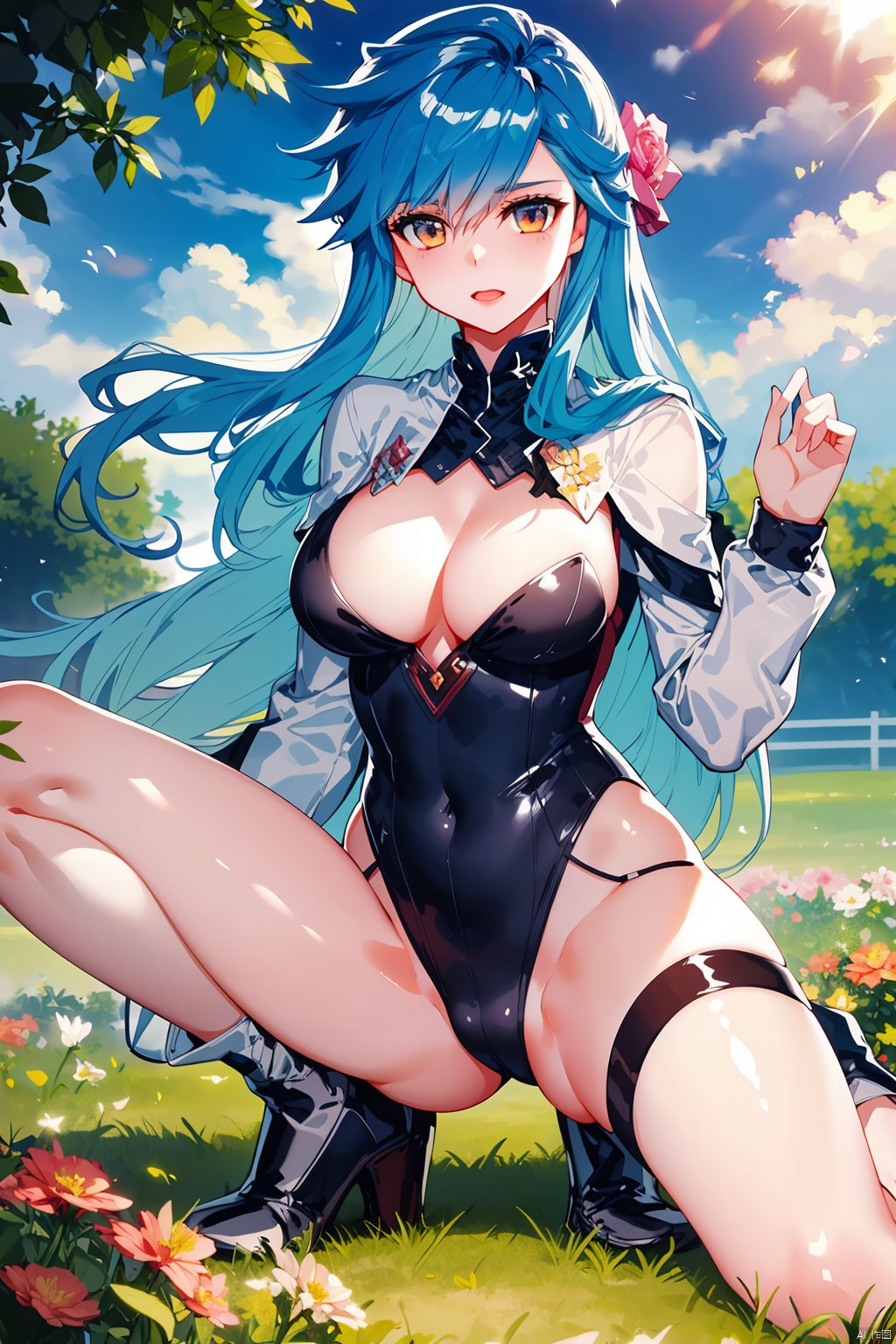 masterpiece, best quality,dynamic pose, dynamic angle,1girl,masterpiece,best quality,official art,extremely detailed CG unity 8k wallpaper,              
     
full body,Cowboys lens,
naughty_face,spread legs,sitting,
large breasts,,
day, cloudy, flower field,houtufeng, ((poakl))