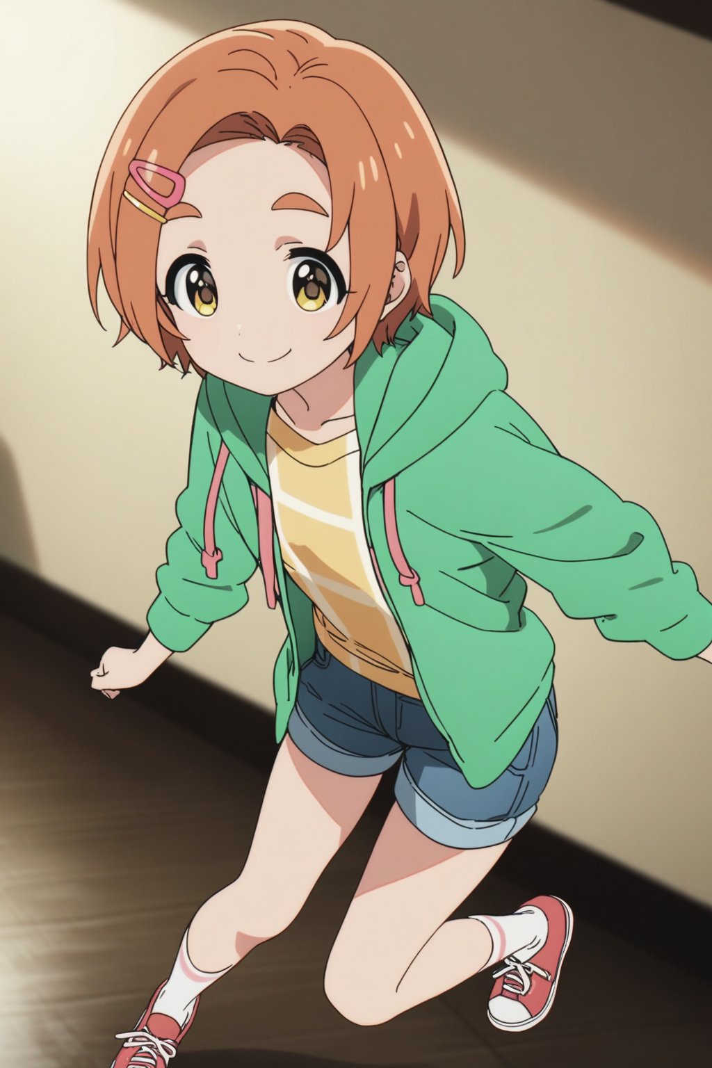 (masterpiece, high quality, better lighting, absurdres, best quality, illustration, ultra-detailed)), 
(cute, kawaii), ((1girl, solo)), smile, closed mouth,

ryzkkaoru_AA,ryuzaki kaoru, short hair, yellow eyes, orange hair, thick eyebrows green hooded jacket,denim shorts, socks, hood down,ryuzaki_kaoru