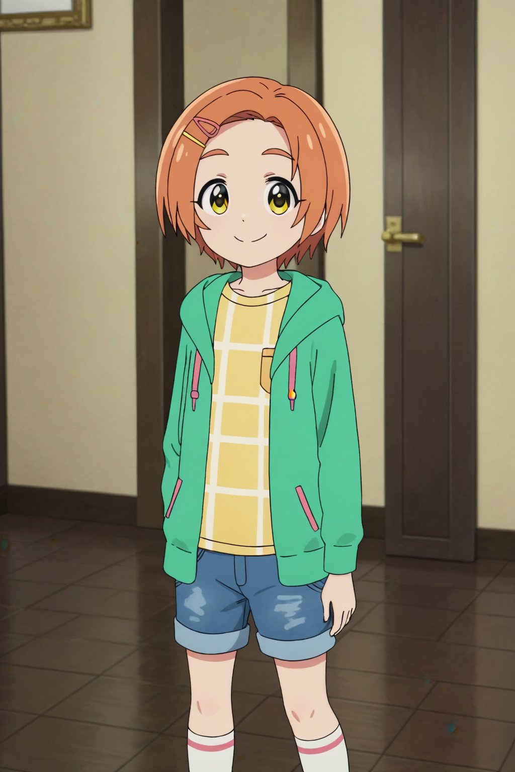 (masterpiece, high quality, better lighting, absurdres, best quality, illustration, ultra-detailed)), 
(cute, kawaii), ((1girl, solo)), smile, closed mouth, looking at viewer,
ADDCOMM

ryzkkaoru_AA,ryuzaki kaoru, short hair, yellow eyes, orange hair, thick eyebrows green hooded jacket,denim shorts, socks, hood down,

standing,