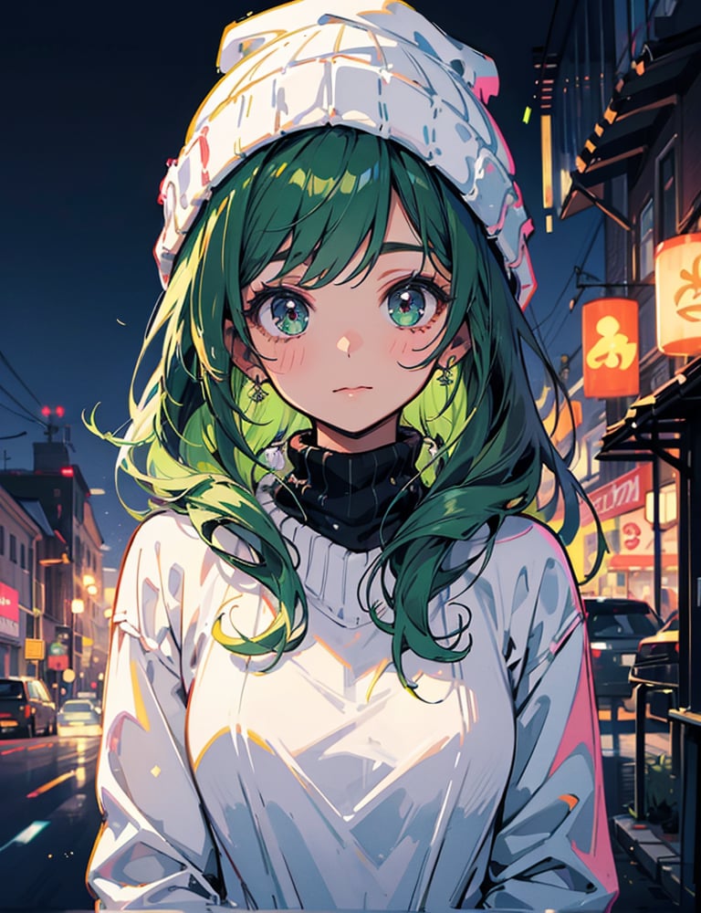 face focus, cute, masterpiece, best quality, 1girl, green hair, sweater, looking at viewer, upper body, beanie, outdoors, night, turtleneck