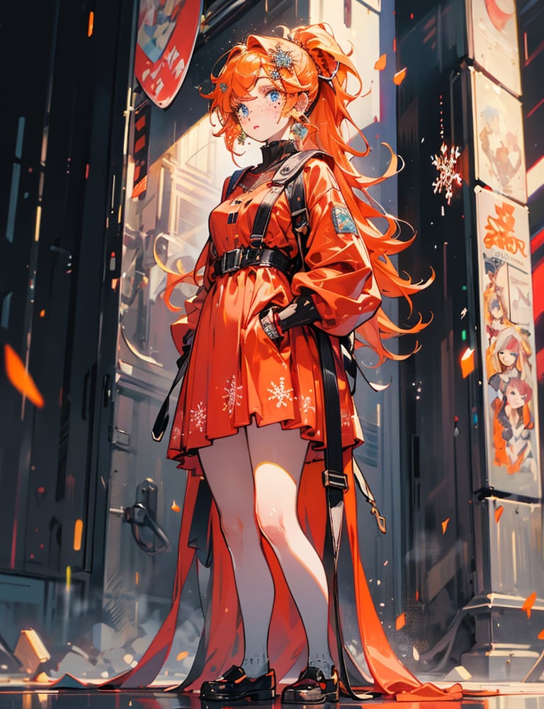 1girl, solo, ((standing: 2.5)), long hair, looking at viewer, blush, bangs, hair ornament, jewelry, blue eyes, ponytail, orange straight hair, earrings, parted lips, blurry, lips, ((red dress: 1.1)), eyelashes, portrait, light particles, ((masterpiece: 2)), excellent quality, light particles, ((freckles: 1.5)), snowflakes, ((stunning_image: 1.5)), ((magma drops in air: 1)), medium long shot.,Ink art