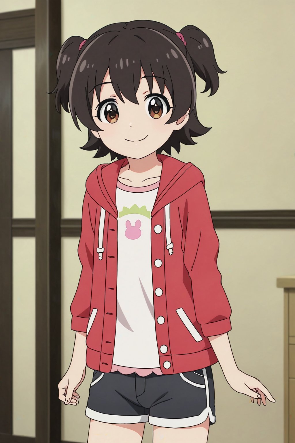 (masterpiece, high quality, better lighting, absurdres, best quality, illustration, ultra-detailed)), 
(cute, kawaii), ((1girl, solo)), smile, closed mouth, looking at viewer,
ADDCOMM

akgmiria_AA,akagi miria, brown eyes, two side up, short hair, black hair, red hoodie,hooded jacket , shorts, open jacket

standing,