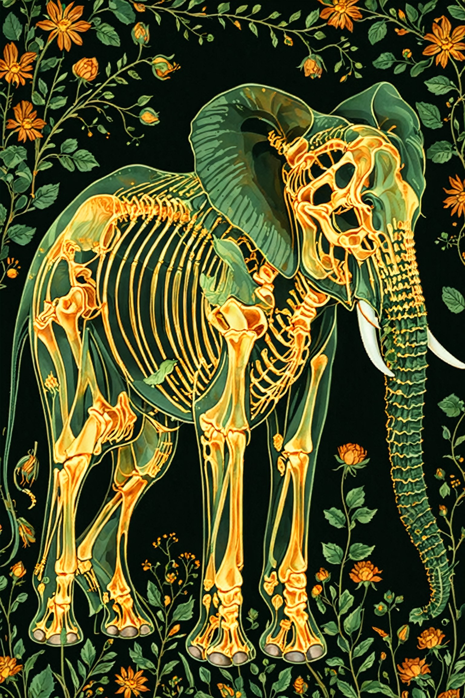 A delicate, transparent illustration showcases an elephant's skeletal structure outlined in radiant golden hues against a dark, mysterious background. Vines of orange, yellow, and green flowers and leaves entwine the bones, creating a harmonious blend of organic and inorganic forms. The intricate composition weaves together the beauty of nature with the intricacies of life, as petals and leaves seem to sprout from the very skeleton itself.