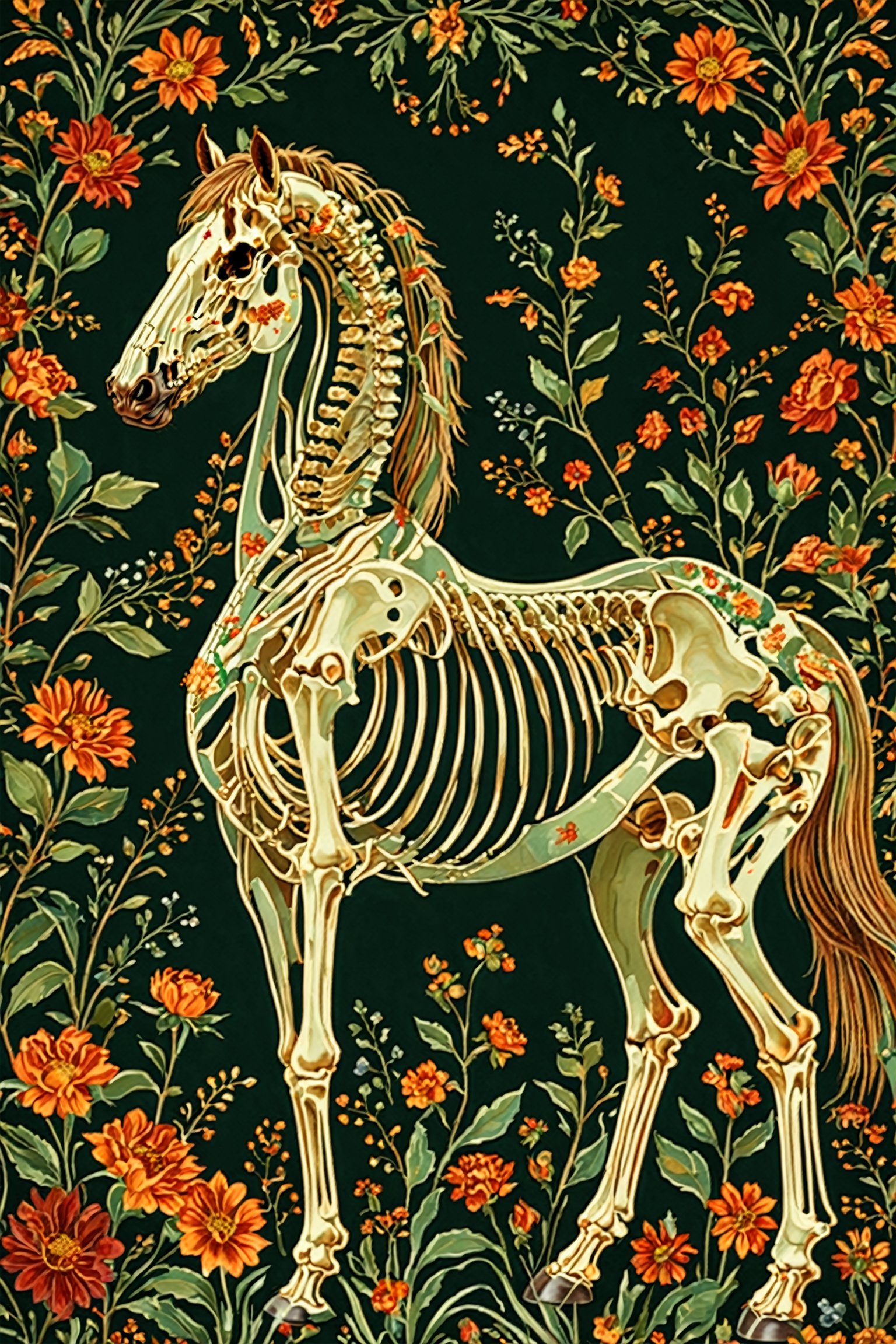 A majestic equine skeleton stands boldly against a kaleidoscopic floral backdrop, its ribcage, spine, and limbs rendered in meticulous detail. Vibrant red, orange, and green hues dance across the canvas, weaving together diverse flowers, leaves, and botanical elements. The skeletal horse's tranquil pose appears to harmonize with the lively tapestry, creating a striking juxtaposition of mortality and vitality.