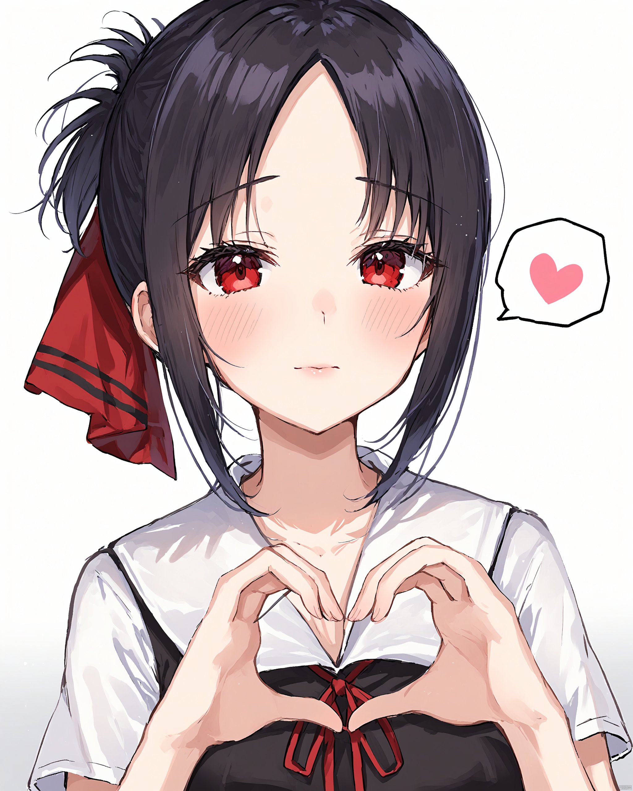 1girl, bad_id, bad_twitter_id, black_dress, black_hair, blush, breasts, closed_mouth, commentary, dress, eyelashes, fingers_together, gradient_background, grey_background, hair_ribbon, heart, heart_hands, highres, kaguya-sama_wa_kokurasetai_~tensai-tachi_no_renai_zunousen~, lips, looking_at_viewer, medium_breasts, medium_hair, motobi_\(mtb_umk\), neck_ribbon, parted_bangs, red_eyes, red_ribbon, ribbon, school_uniform, shinomiya_kaguya, short_ponytail, short_sleeves, shuuchiin_academy_school_uniform, simple_background, solo, spoken_heart, summer_uniform, twitter_username, upper_body, white_background