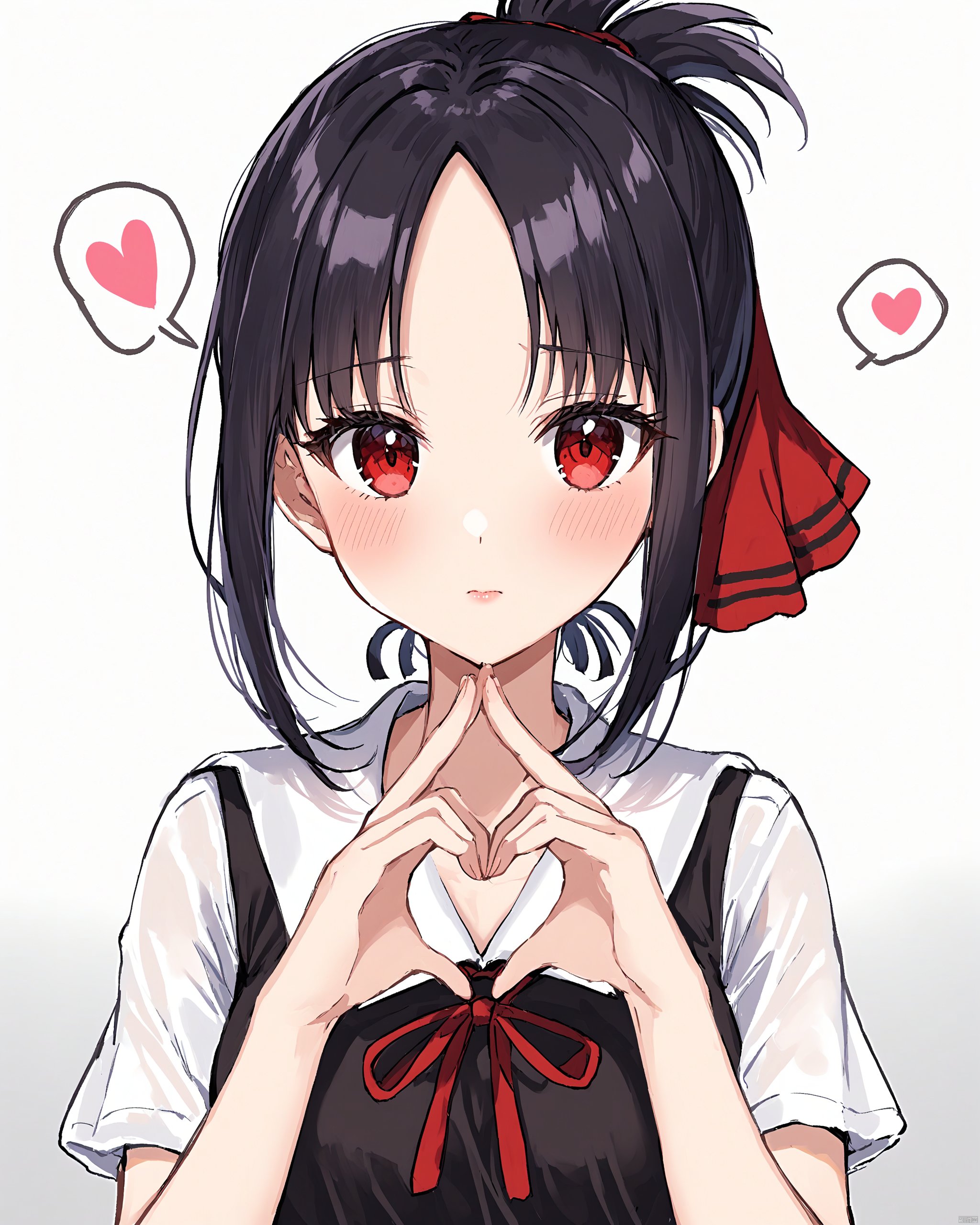 1girl, bad_id, bad_twitter_id, black_dress, black_hair, blush, breasts, closed_mouth, commentary, dress, eyelashes, fingers_together, gradient_background, grey_background, hair_ribbon, heart, heart_hands, highres, kaguya-sama_wa_kokurasetai_~tensai-tachi_no_renai_zunousen~, lips, looking_at_viewer, medium_breasts, medium_hair, motobi_\(mtb_umk\), neck_ribbon, parted_bangs, red_eyes, red_ribbon, ribbon, school_uniform, shinomiya_kaguya, short_ponytail, short_sleeves, shuuchiin_academy_school_uniform, simple_background, solo, spoken_heart, summer_uniform, twitter_username, upper_body, white_background