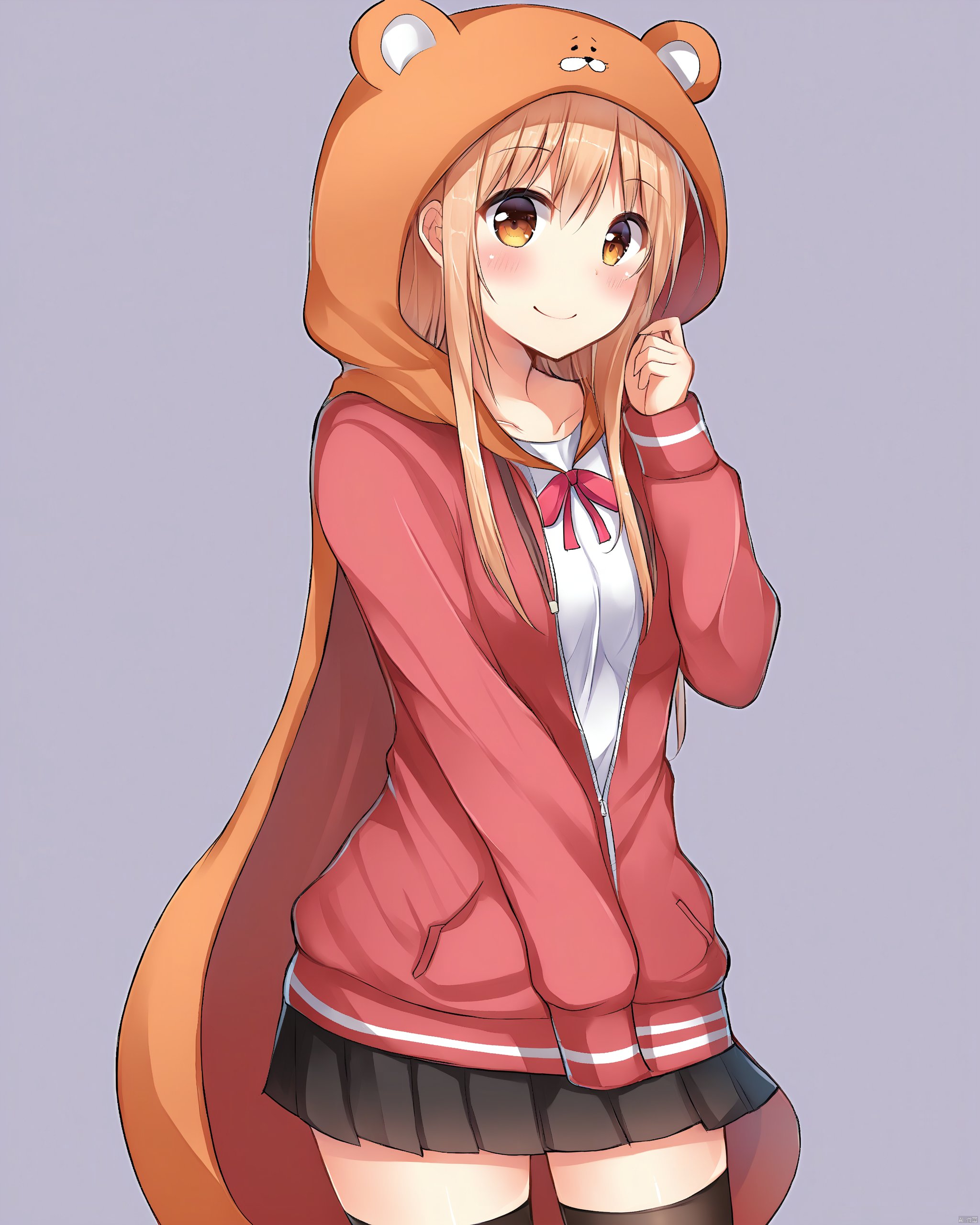 himouto!_umaru-chan,1girl, animal_costume, bad_id, bad_pixiv_id, blonde_hair, blush, brown_eyes, commentary_request, doma_umaru, himouto\!_umaru-chan, hood, long_hair, miniskirt, skirt, smile, solo, thighhighs, uzuki_kazusa, zettai_ryouiki