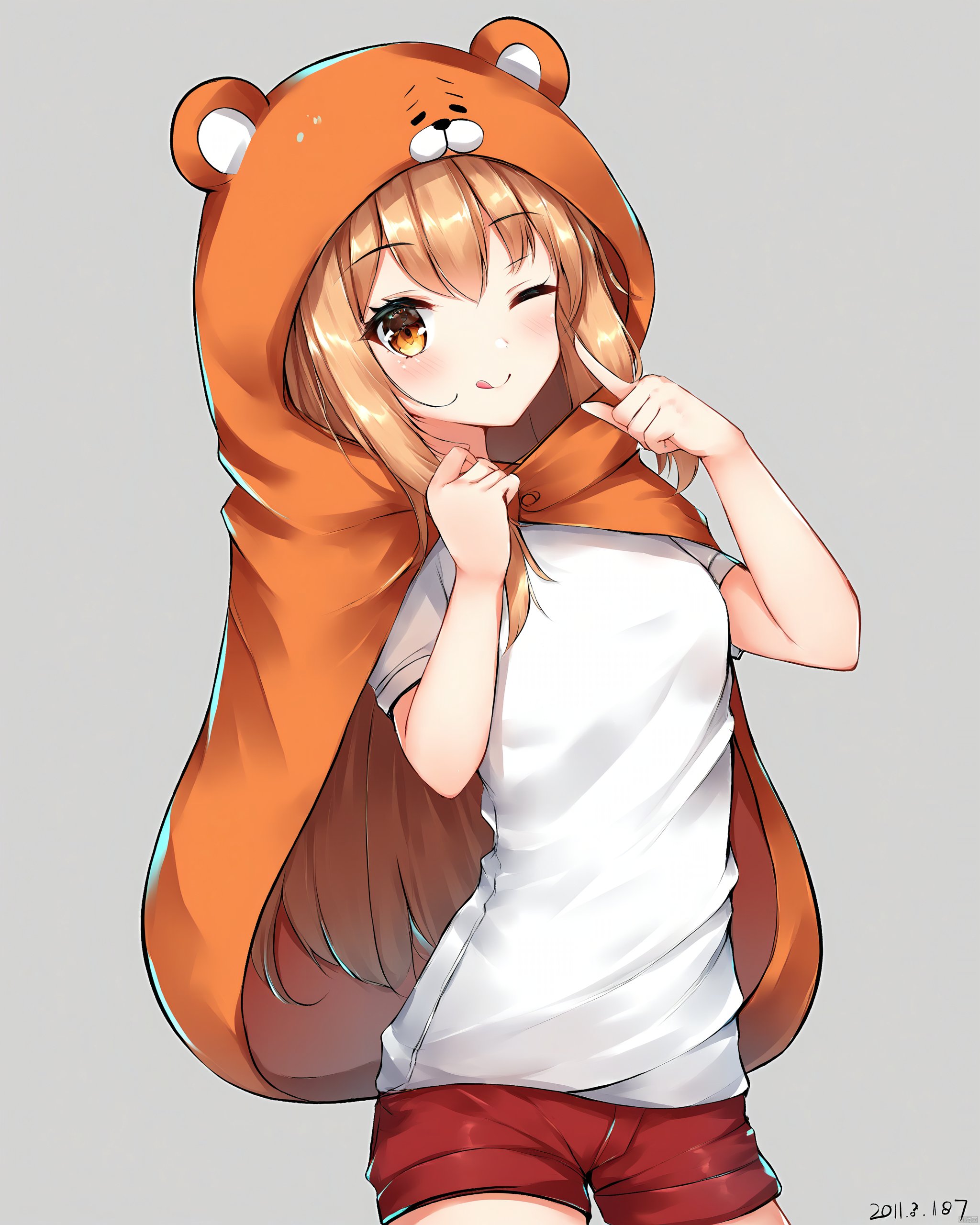 himouto!_umaru-chan,1girl, \;q, absurdres, artist_name, blonde_hair, brown_eyes, commentary, dated, doma_umaru, hamster_costume, highres, himouto\!_umaru-chan, long_hair, looking_at_viewer, one_eye_closed, pointing, pointing_at_self, pose, raonnoy, shorts, solo, tongue, tongue_out