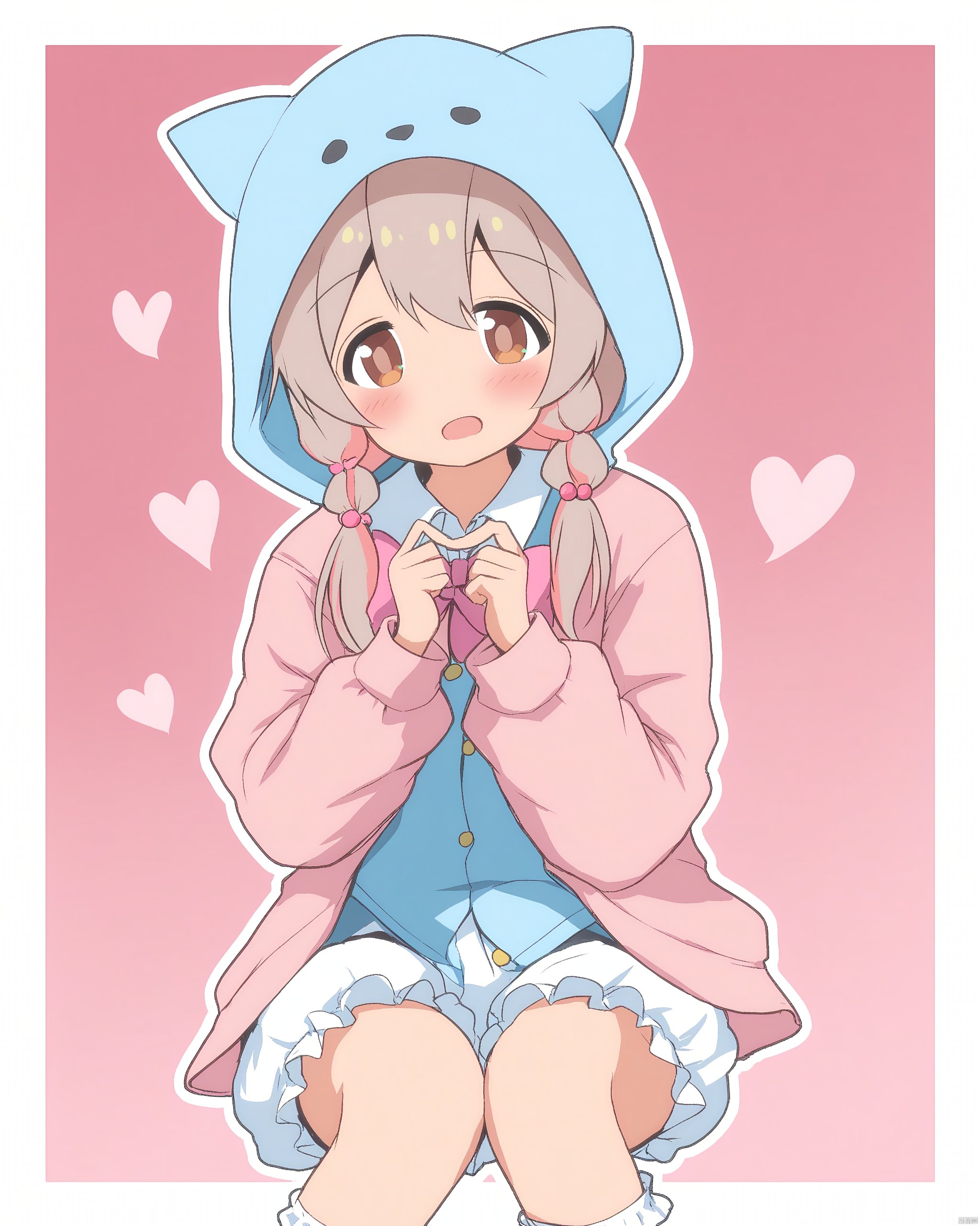 onii-chan_wa_oshimai!,1girl, animal_hood, bloomers, blue_bow, blush, border, bow, bowtie, brown_eyes, buttons, frilled_socks, frills, genderswap, genderswap_\(mtf\), gradient_background, grey_hair, hair_bobbles, hair_bow, hair_ornament, hair_over_shoulder, heart, highres, hood, hood_up, index_fingers_together, jacket, looking_at_viewer, multi-tied_hair, onii-chan_wa_oshimai!, open_mouth, outline, oyama_mahiro, pink_background, pink_bow, pink_bowtie, pink_hair, pink_jacket, sitting, socks, solo, star_\(symbol\), tareme, underwear, unkimo, white_bloomers, white_border, white_outline, white_socks, yellow_background