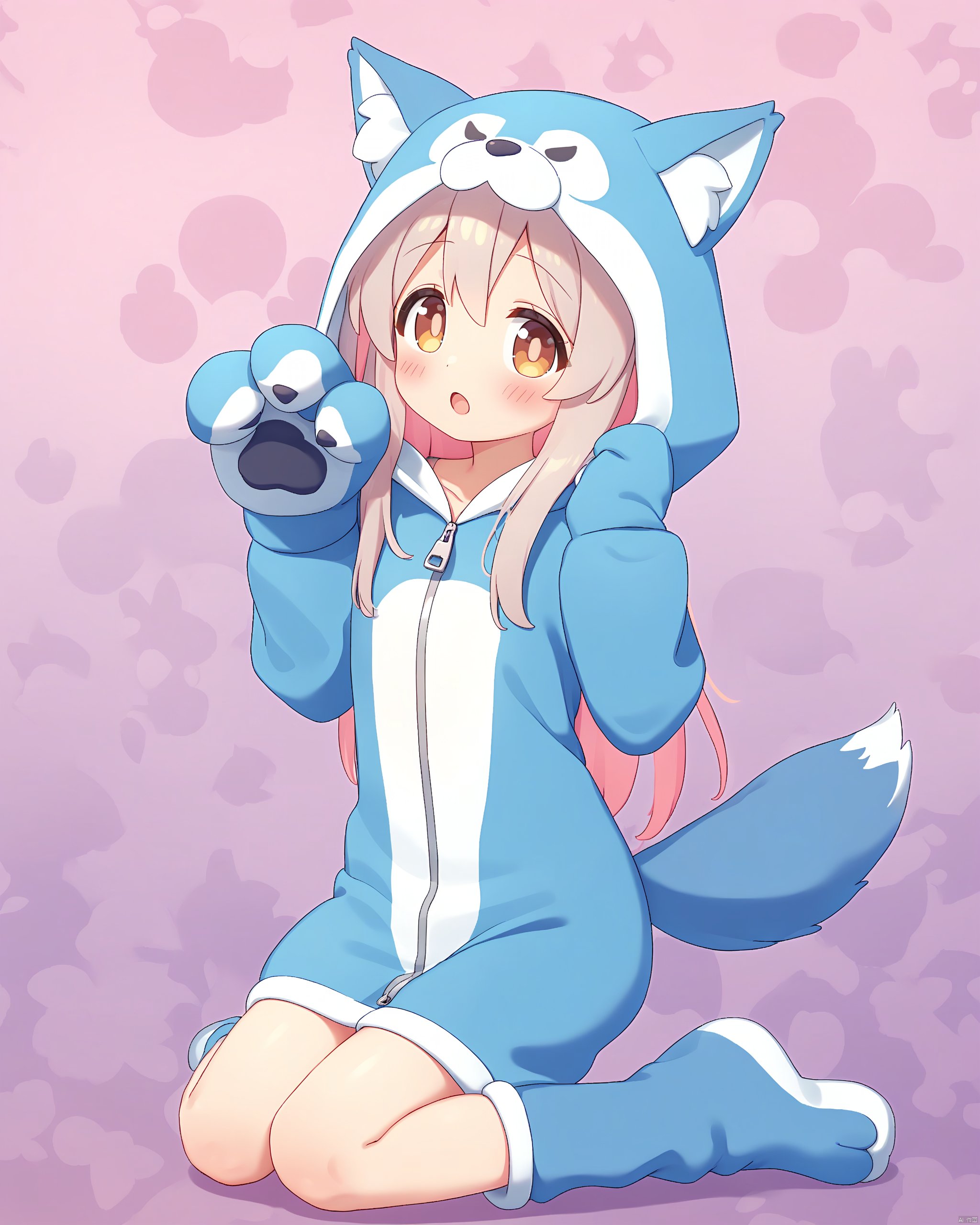 onii-chan_wa_oshimai!,1girl, :o, absurdres, animal_costume, animal_ears, animal_hands, barefoot, blush, brown_eyes, colored_inner_hair, commentary_request, fake_animal_ears, fake_tail, full_body, gloves, grey_hair, hair_between_eyes, highres, hood, hood_up, kneeling, long_hair, looking_at_viewer, multicolored_hair, onesie, onii-chan_wa_oshimai!, open_mouth, oyama_mahiro, paw_gloves, paw_print, paw_print_background, pink_hair, solo, tail, tokoshibyra, two-tone_hair, wolf_costume, wolf_hood, wolf_tail, zipper_pull_tab