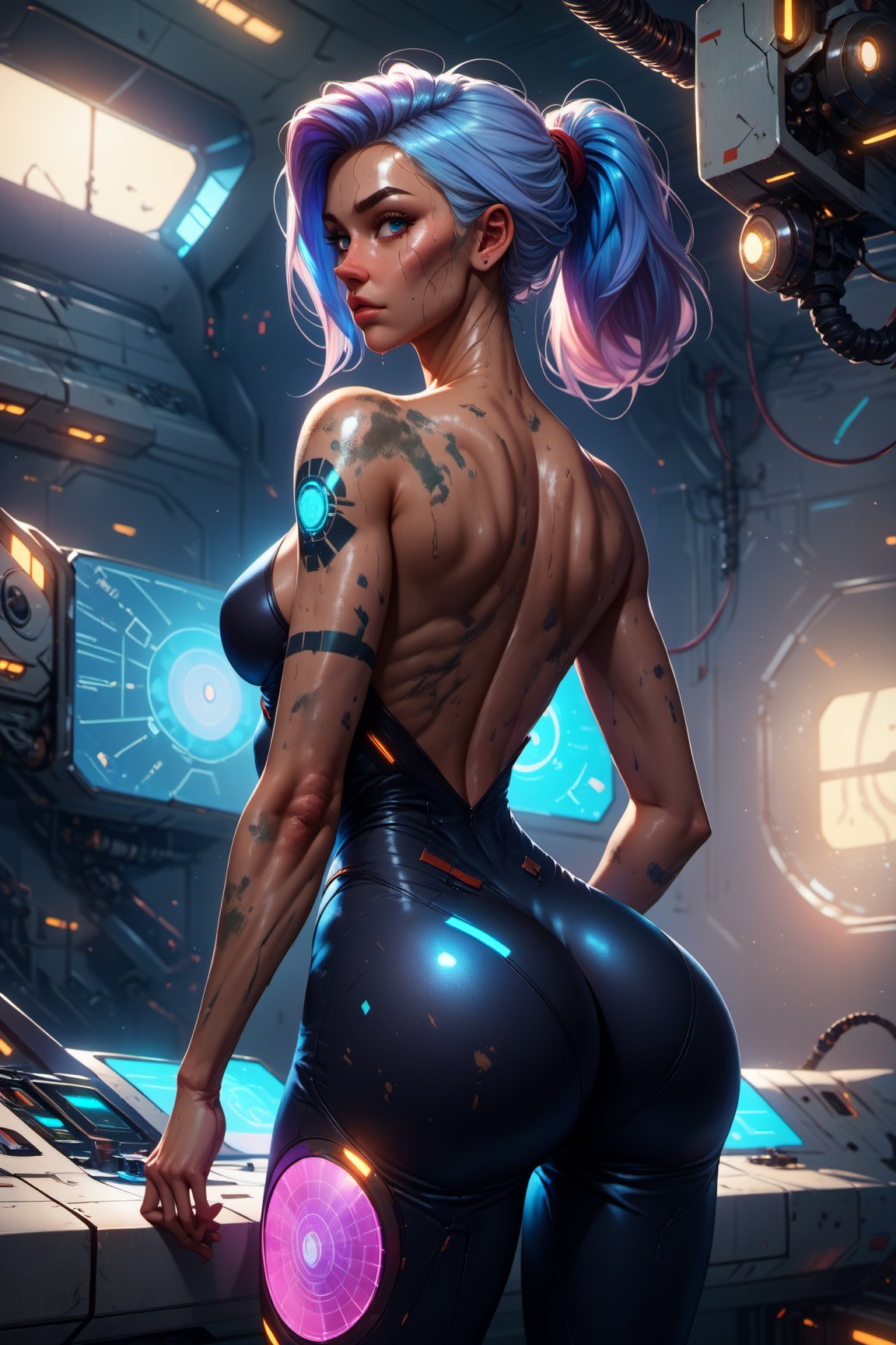 score_9, score_8_up, score_7_up, beautiful girl engineer. stripes, cute face. wearing futuristic jumpsuit. dirty skin, skinny. engine room of a spaceship. detailed background. medium chest. indoor, from back, looking back. sweating. holographic terminals. Huge hip.,p0pp3r 