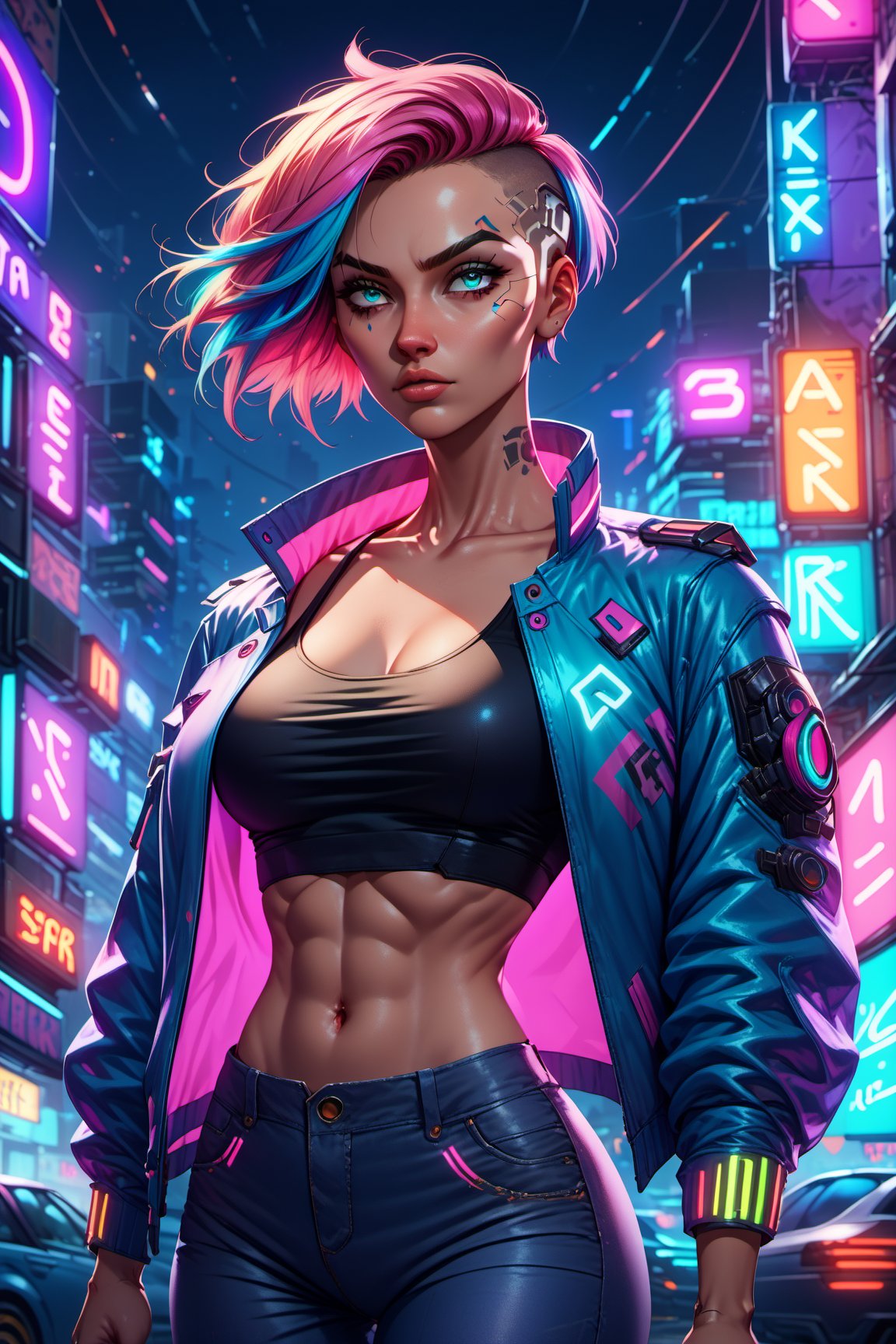 score_9, score_8_up, score_7_up. 1girl, beautiful tomboy girl. short hair, highlights. Tanktop, pants, neon jacket, neon clothes. Large hip, pop hip. cowboy_shot. Night, cyberpunk city background.,p0pp3r 