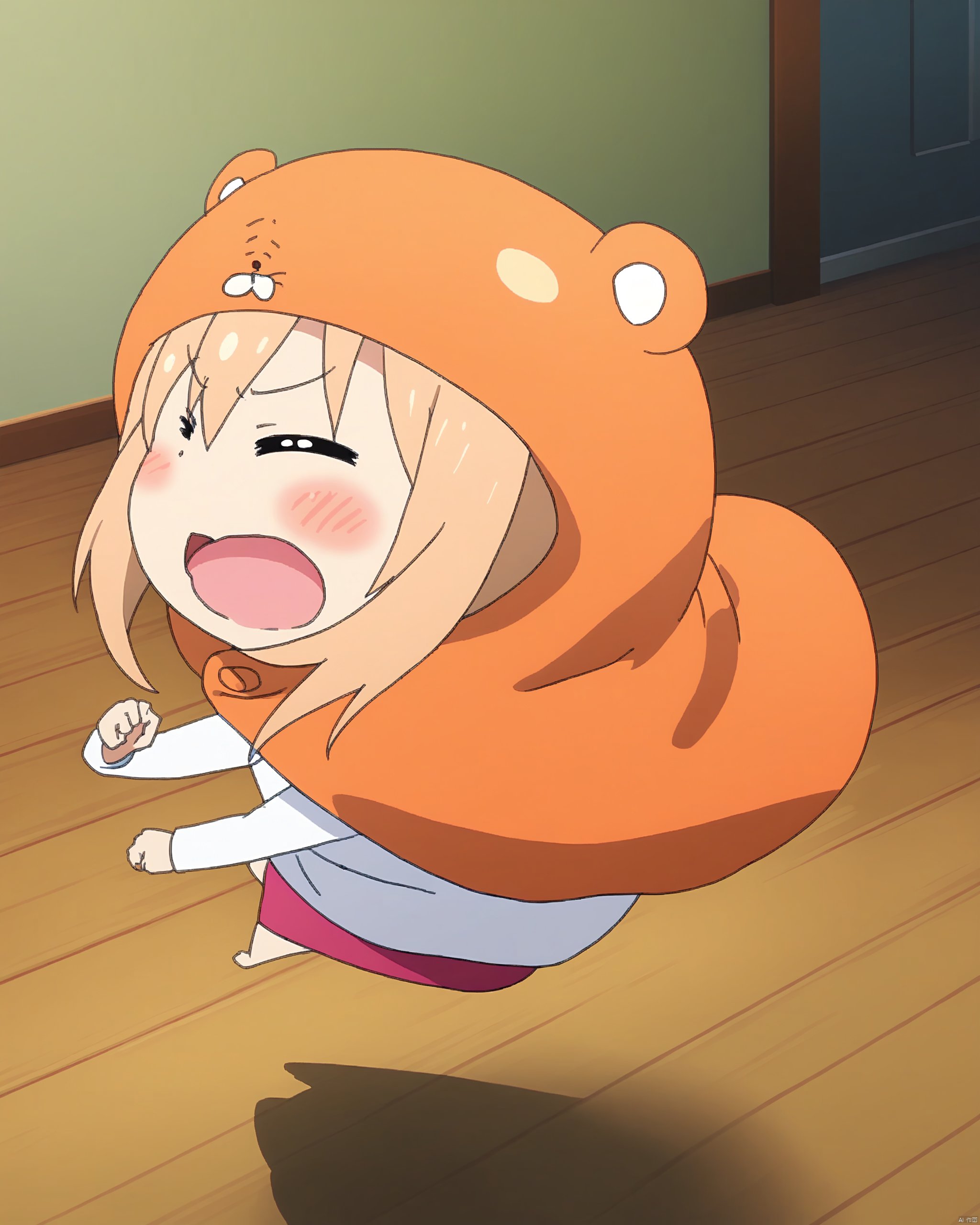 himouto!_umaru-chan,10s, 1girl, ^^^, animated, animated_gif, blush, doma_umaru, female_focus, fighting, fighting_stance, himouto!_umaru-chan, lowres, motion_blur, open_mouth, solo, wooden_floor