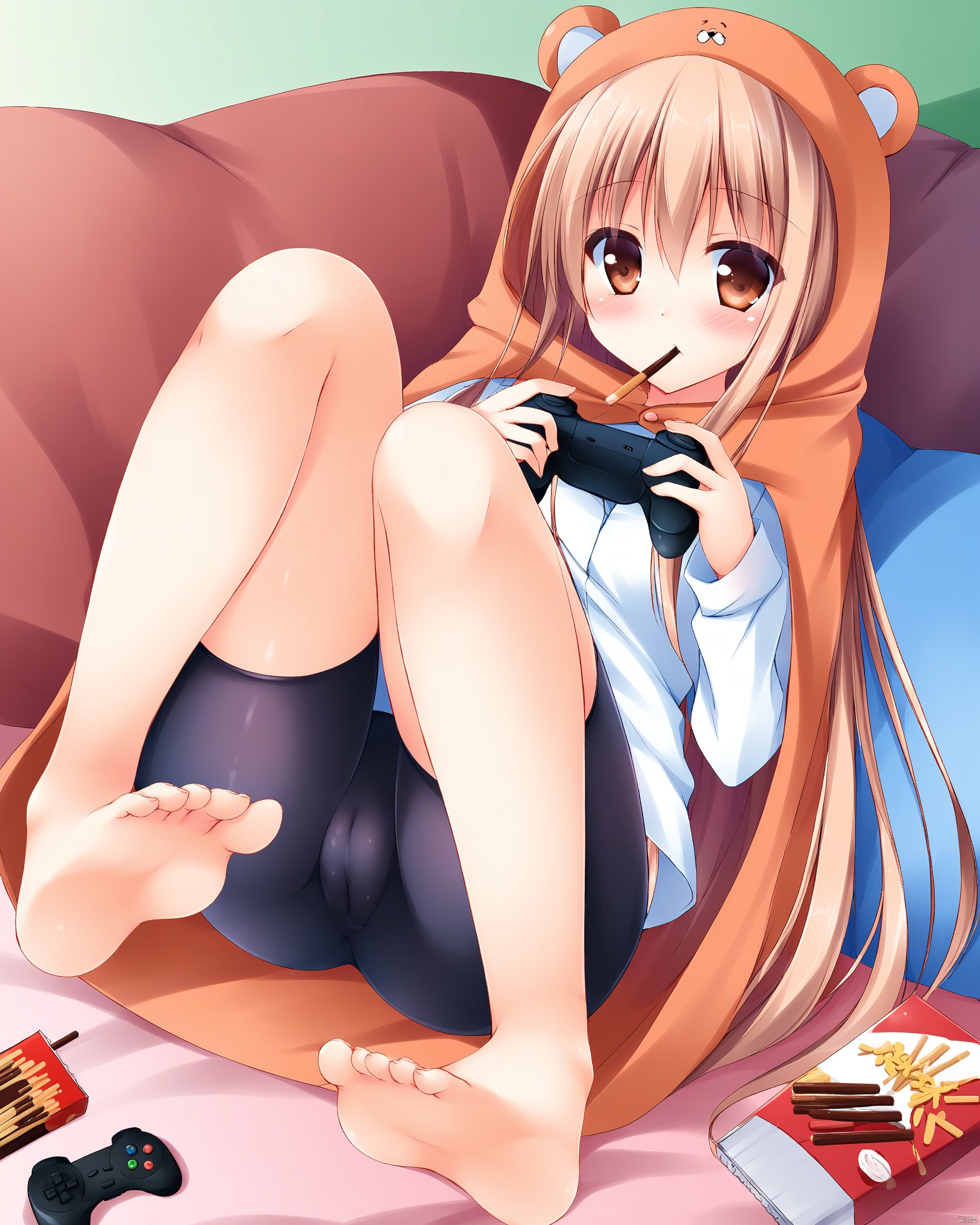 himouto!_umaru-chan,1girl, animal_costume, ass, barefoot, bike_shorts, blonde_hair, blush, bottle, brown_eyes, cameltoe, commentary_request, controller, doma_umaru, dualshock, feet, food, game_controller, gamepad, hamster_costume, himouto\!_umaru-chan, hood, long_hair, looking_at_viewer, minakami_rinka, mouth_hold, playing_games, playstation_controller, pocky, sitting, soda_bottle, soles, solo, toes, very_long_hair