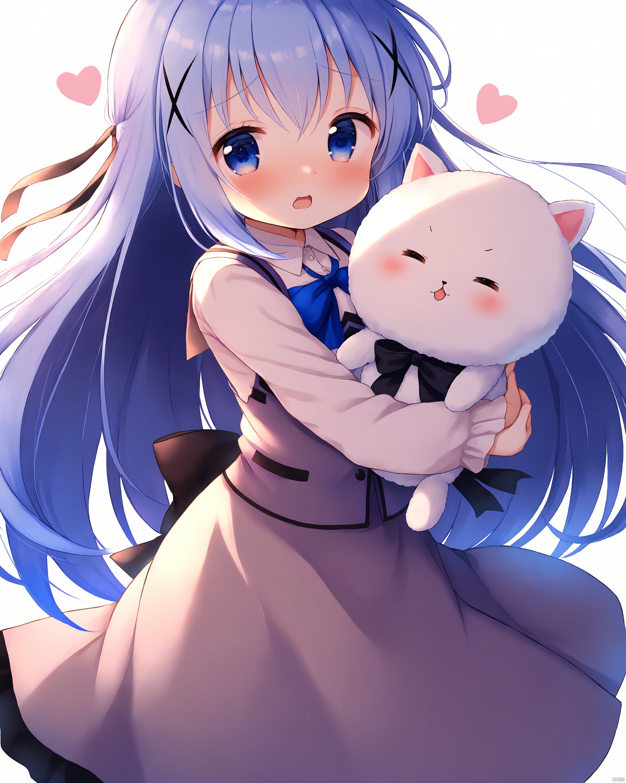 gochuumon_wa_usagi_desu_ka?,1girl, animal, black_ribbon, black_shirt, blue_eyes, blue_footwear, blue_hair, blue_vest, closed_eyes, embarrassed, gochuumon_wa_usagi_desu_ka?, holding, holding_animal, holding_rabbit, kafuu_chino, kawaiyutaro, light_blue_hair, light_blush, long_hair, long_skirt, long_sleeves, open_mouth, rabbit, rabbit_house_uniform, ribbon, shirt, skirt, tippy_\(gochiusa\), vest, waitress, white_background, white_shirt, white_skirt