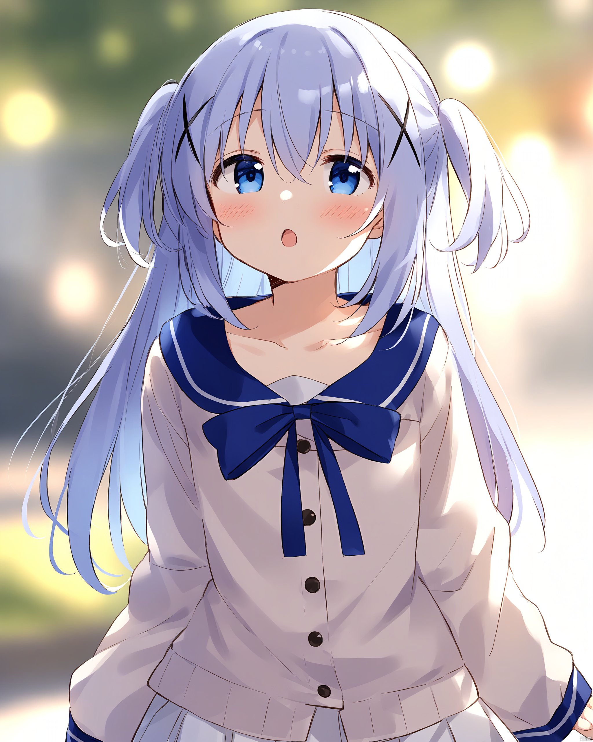 gochuumon_wa_usagi_desu_ka?,1girl, \:o, absurdres, bad_id, bad_pixiv_id, blue_eyes, blue_hair, blue_ribbon, blurry, blurry_background, blush, collarbone, commentary_request, depth_of_field, gochuumon_wa_usagi_desu_ka?, hair_between_eyes, hair_ornament, highres, kafuu_chino, light_blue_hair, long_hair, long_sleeves, looking_at_viewer, mousou_\(mousou_temporary\), open_mouth, pleated_skirt, ribbon, skirt, sleeves_past_wrists, solo, two_side_up, white_skirt, x_hair_ornament