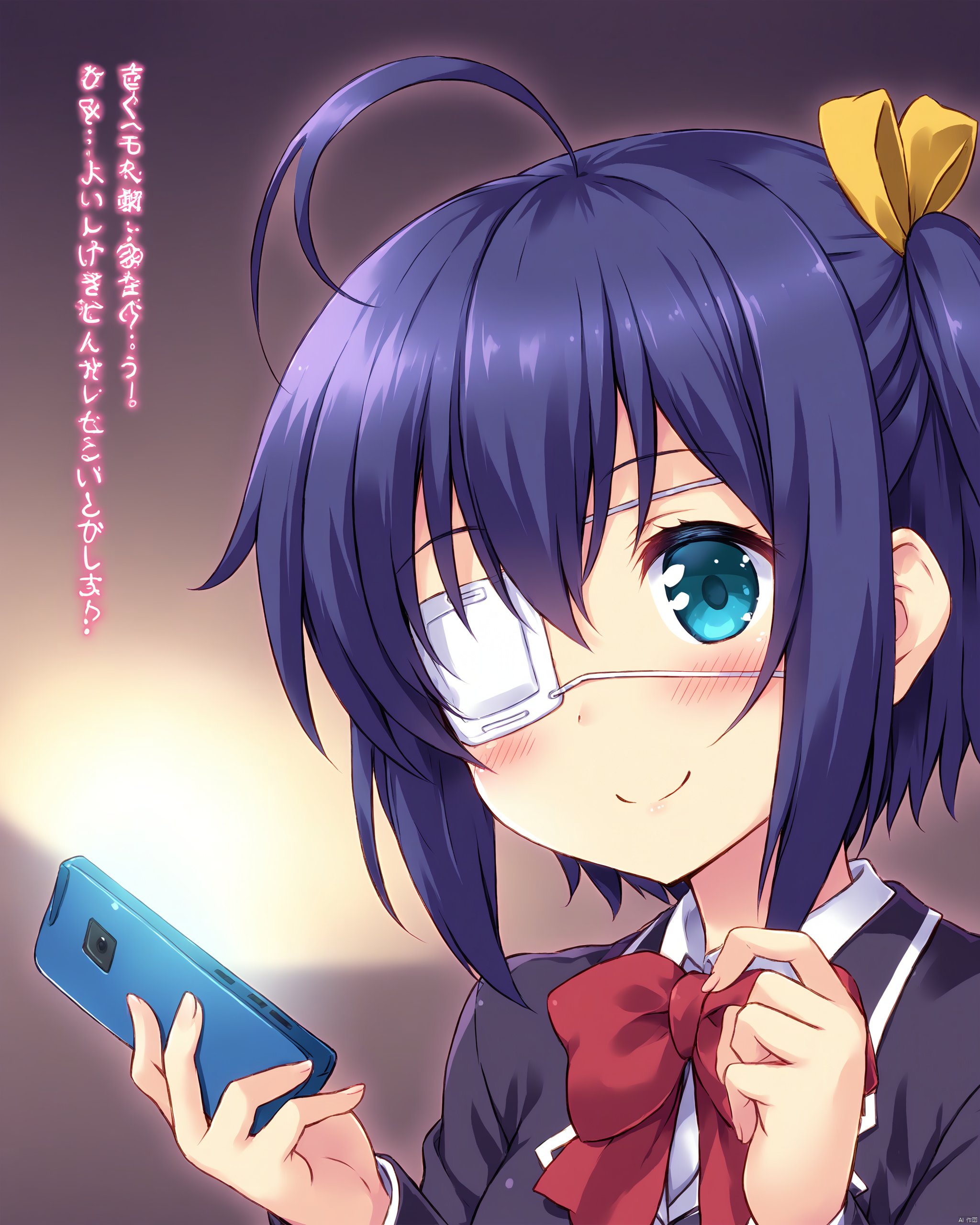 chuunibyou_demo_koi_ga_shitai!,1girl, ahoge, aqua_eyes, blue_hair, blush, bow, cellphone, chuunibyou_demo_koi_ga_shitai!, commentary_request, eyepatch, flip_phone, hair_ribbon, icho_private_high_school_uniform, medical_eyepatch, musical_note, one_side_up, phone, ribbon, school_uniform, smile, solo, takanashi_rikka, translated, yamasan