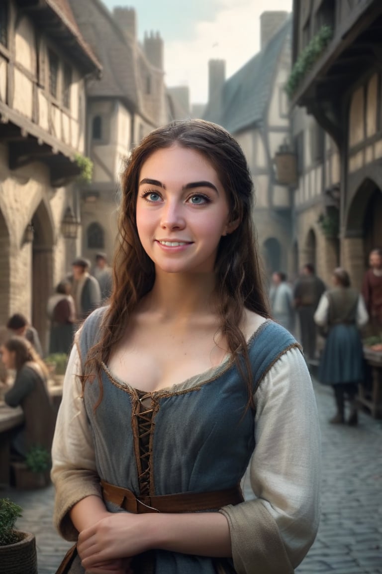 Strikingly beautiful college girl, medieval setting, ,,photorealistic,darkacademia, ,female citizen,grcchrs woman