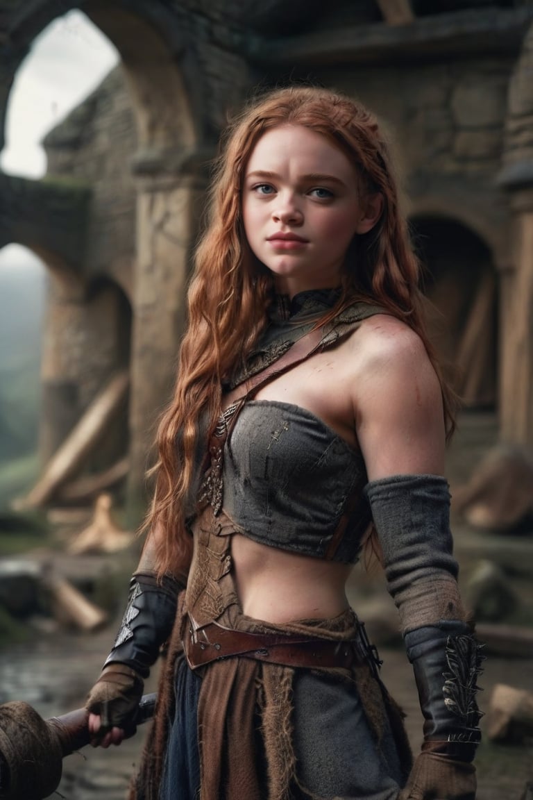 Strikingly beautiful college girl, medieval setting, ,aw0k, ,photorealistic,darkacademia,saxsnk, Sadie Sink,barbarian