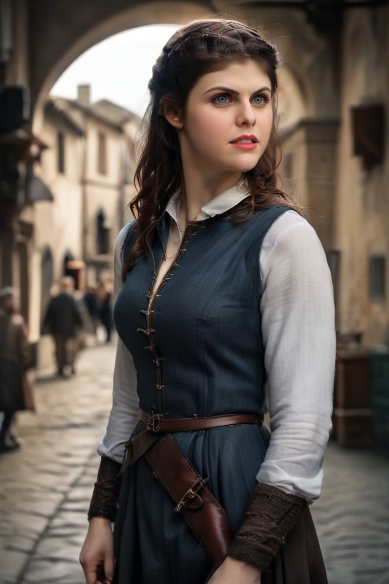 Strikingly beautiful college girl, medieval setting, ,,photorealistic,darkacademia,dark academia outfit, ,thug,alex4d4dd, Alexandra Daddario,