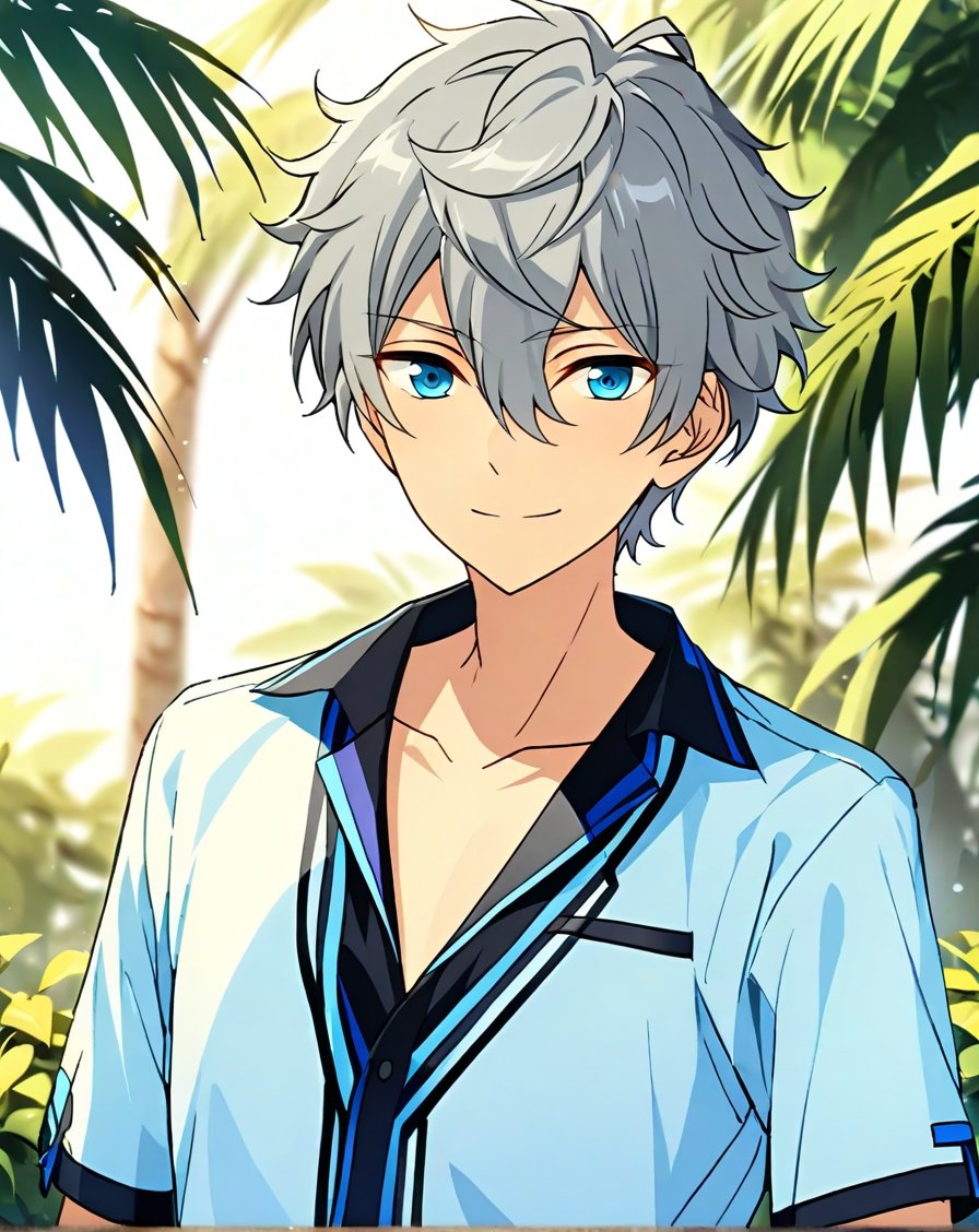 masterpiece, best quality, very aesthetic, absurdres, very detailed, score_9, score_8_up, score_7_up, depth of field, ((1boy, solo, male only, male focus, upperbody)), (izumi_sena, gray hair, blue eyes, short hair, hair between eyes, bangs), expresionless, looking at viewer, facing viewer, collarbone, outdoors,