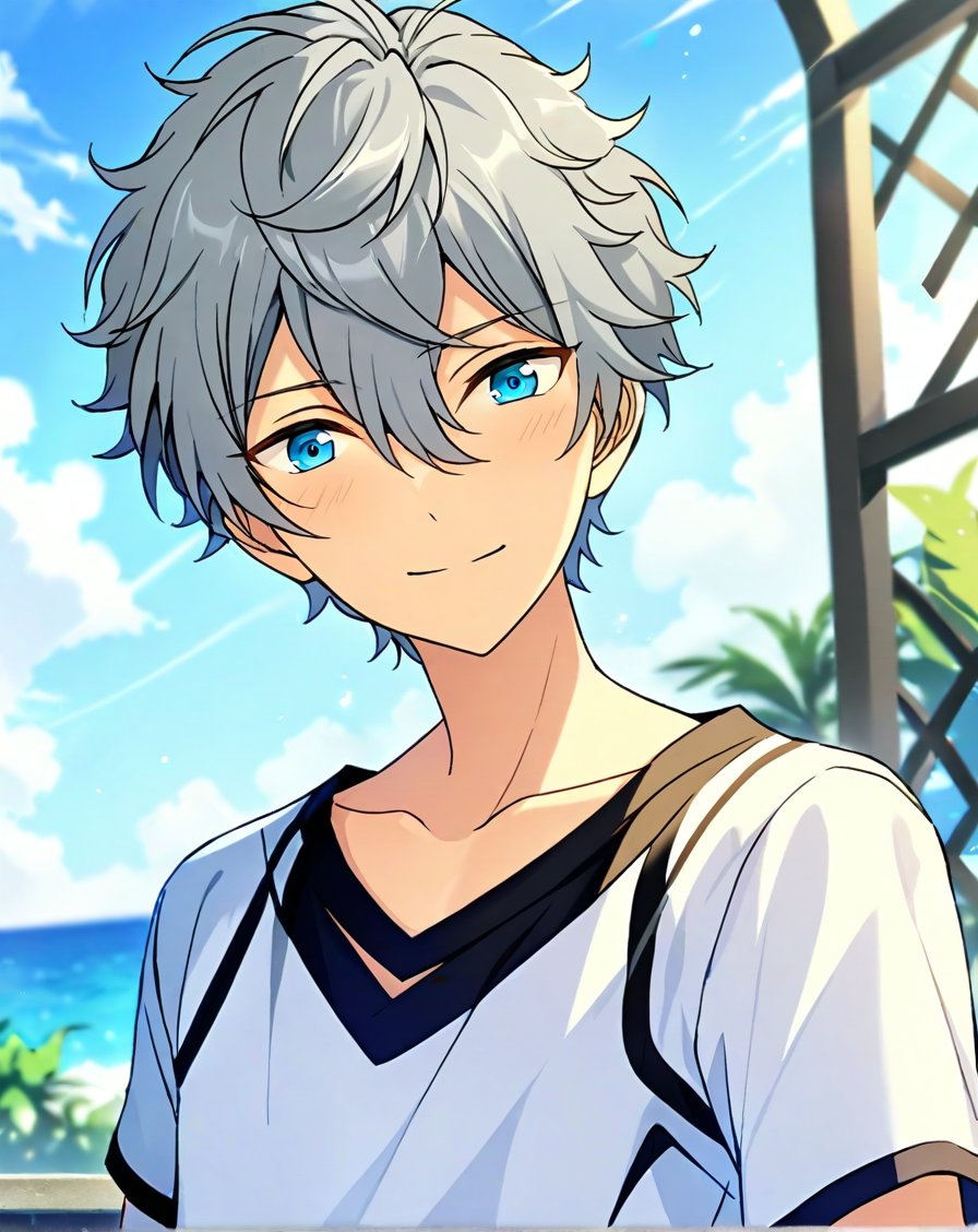 masterpiece, best quality, very aesthetic, absurdres, very detailed, score_9, score_8_up, score_7_up, depth of field, ((1boy, solo, male only, male focus, upperbody)), (izumi_sena, gray hair, blue eyes, short hair, hair between eyes, bangs), expresionless, looking at viewer, facing viewer, collarbone, outdoors,