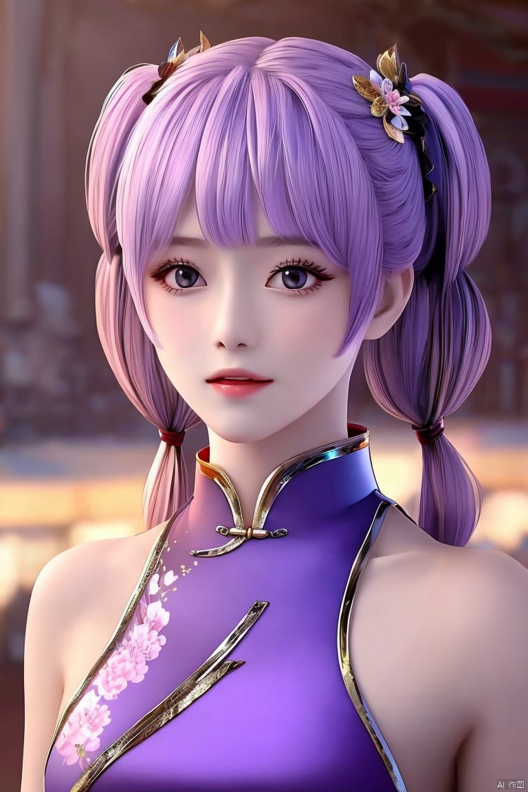 1girl, solo, long hair, looking at viewer, bangs, hair ornament, dress, twintails, closed mouth, upper body, purple hair, blurry background, chinese clothes, hair rings, realistic