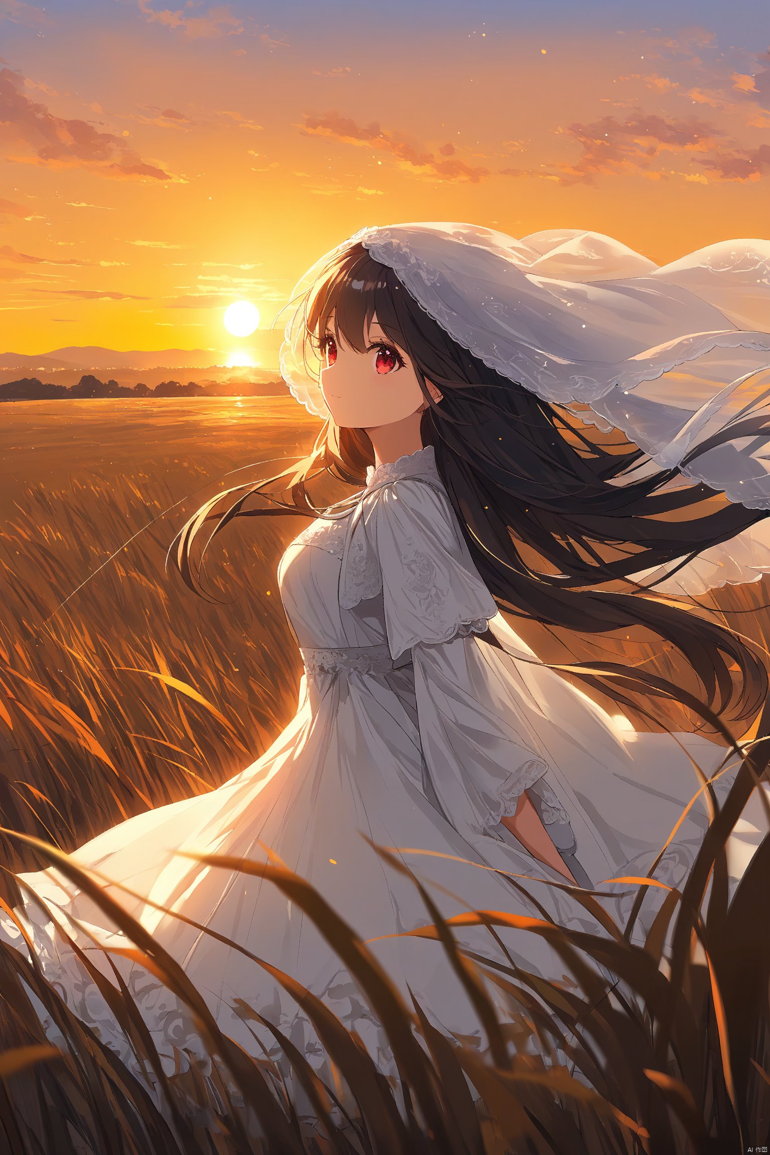 1girl,solo,cute,black long hair,red eyes,white dress,sunset,wind,depth of field,veil,best quality,beautiful,extremely detailed,masterpiece,very aesthetic