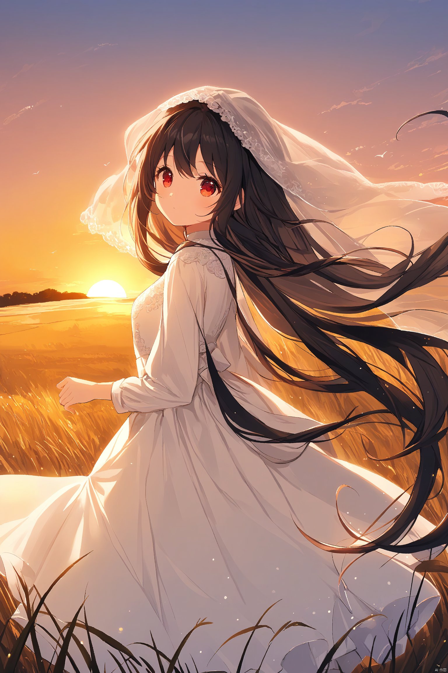 1girl,solo,cute,black long hair,red eyes,white dress,sunset,wind,depth of field,veil,best quality,beautiful,extremely detailed,masterpiece,very aesthetic