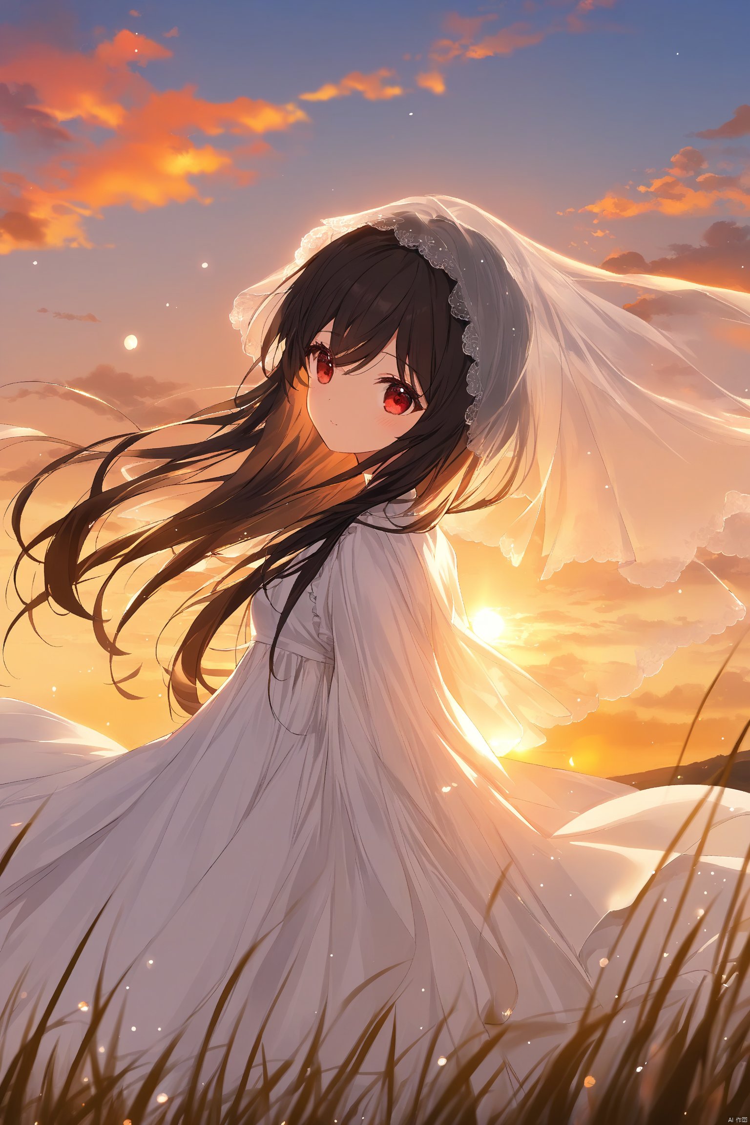 1girl,solo,cute,black long hair,red eyes,white dress,sunset,wind,depth of field,veil,best quality,beautiful,extremely detailed,masterpiece,very aesthetic