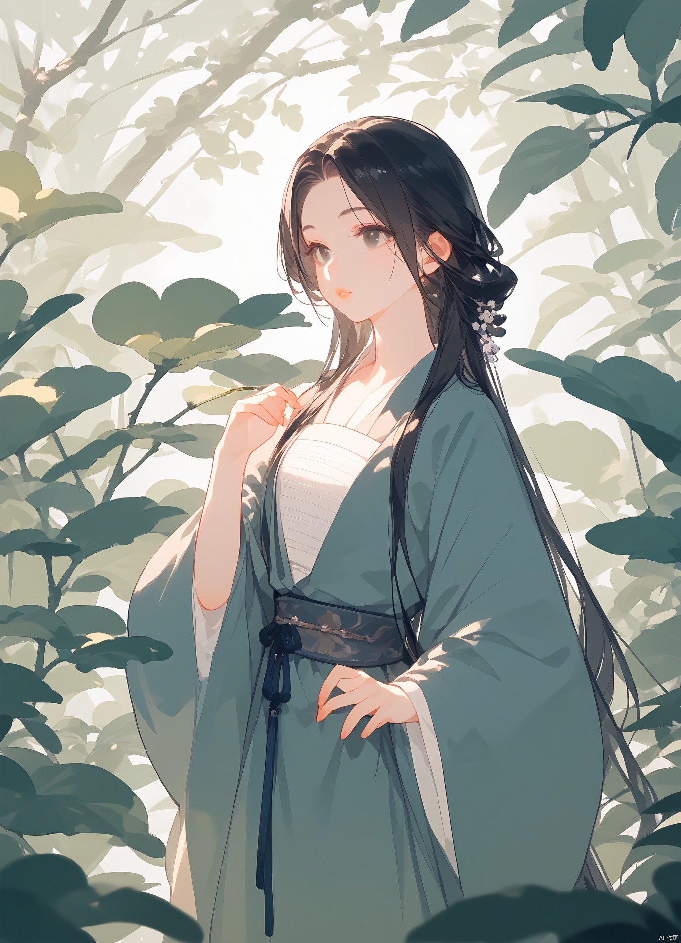 score_9, score_8_up, score_7_up, 1girl,A beautiful Chinese girl with long black hair,stands on the forest path,with bamboo leaves around it. She has exquisite facial features,clear eyes,big wavy lips,light makeup,and a gray color scheme in the style of high-end photography. The photo shows her full body in high definition and high resolution,BUAICHIYU,