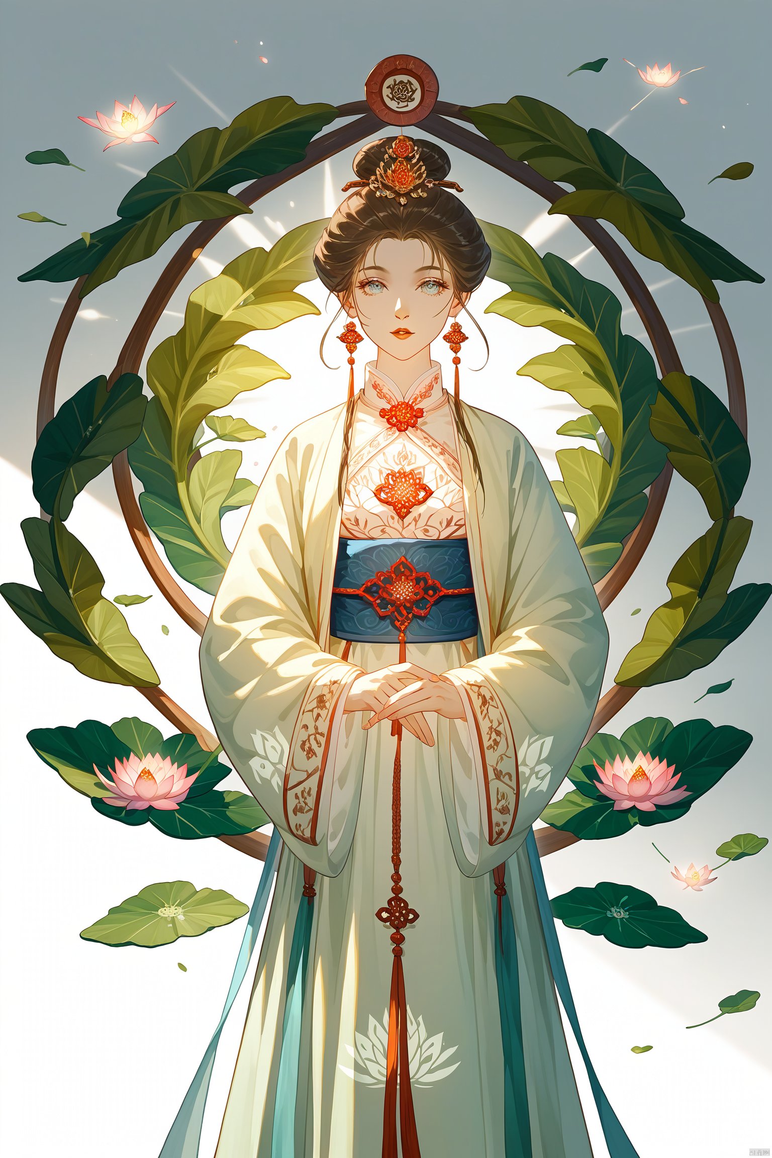  (score_9_up,score_8_up),Ancient Chinese Beauty,wearing Hanfu,standing by one enormous lotus leave with intricate patterns,median transparent/translucent lotus leave,soft glow,in the style of Albert Watson,minimalism,light emerald and white,simple white background,surrealist,feminine sensibilities,sunlight,monkren,graphic,