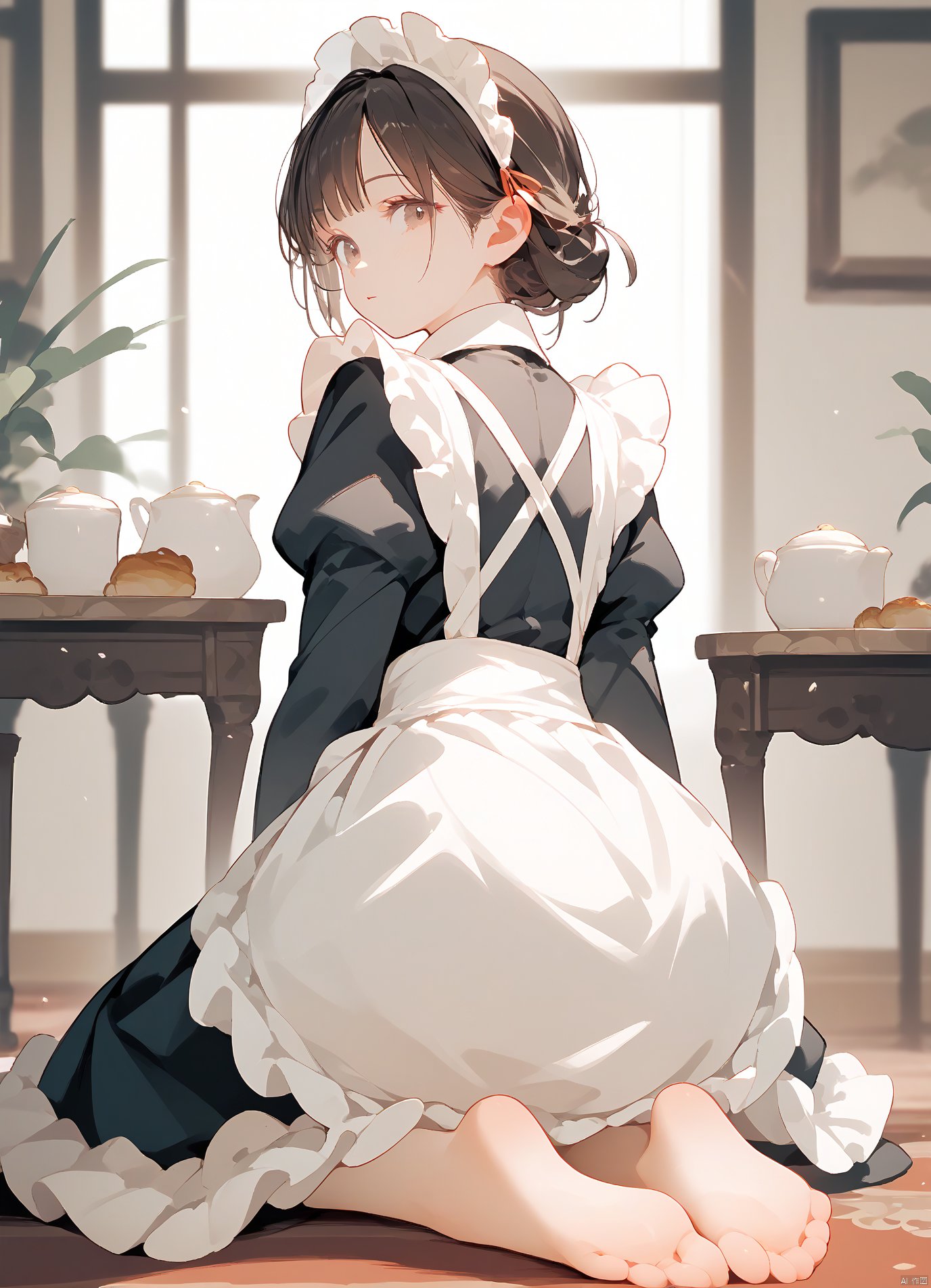 (score_9,score_8_up,score_7_up,),1girl,solo,maid,maid headdress,looking at viewer,apron,brown hair,indoors,black hair,bare foot,feet focus,two feet,from behind,depth of field,