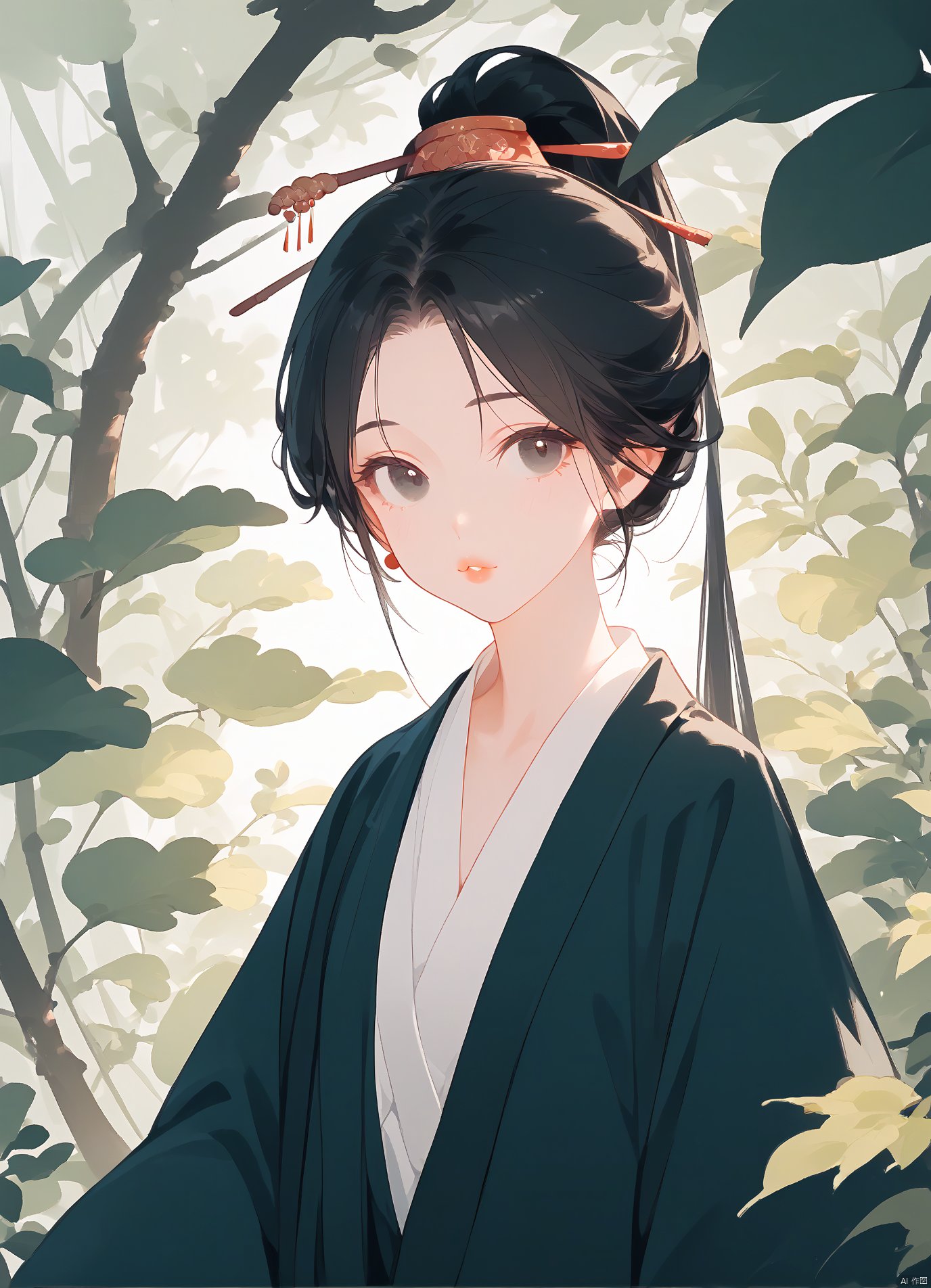 score_9, score_8_up, score_7_up, 1girl,A beautiful Chinese girl with long black hair,stands on the forest path,with bamboo leaves around it. She has exquisite facial features,clear eyes,big wavy lips,light makeup,and a gray color scheme in the style of high-end photography. The photo shows her full body in high definition and high resolution,BUAICHIYU,