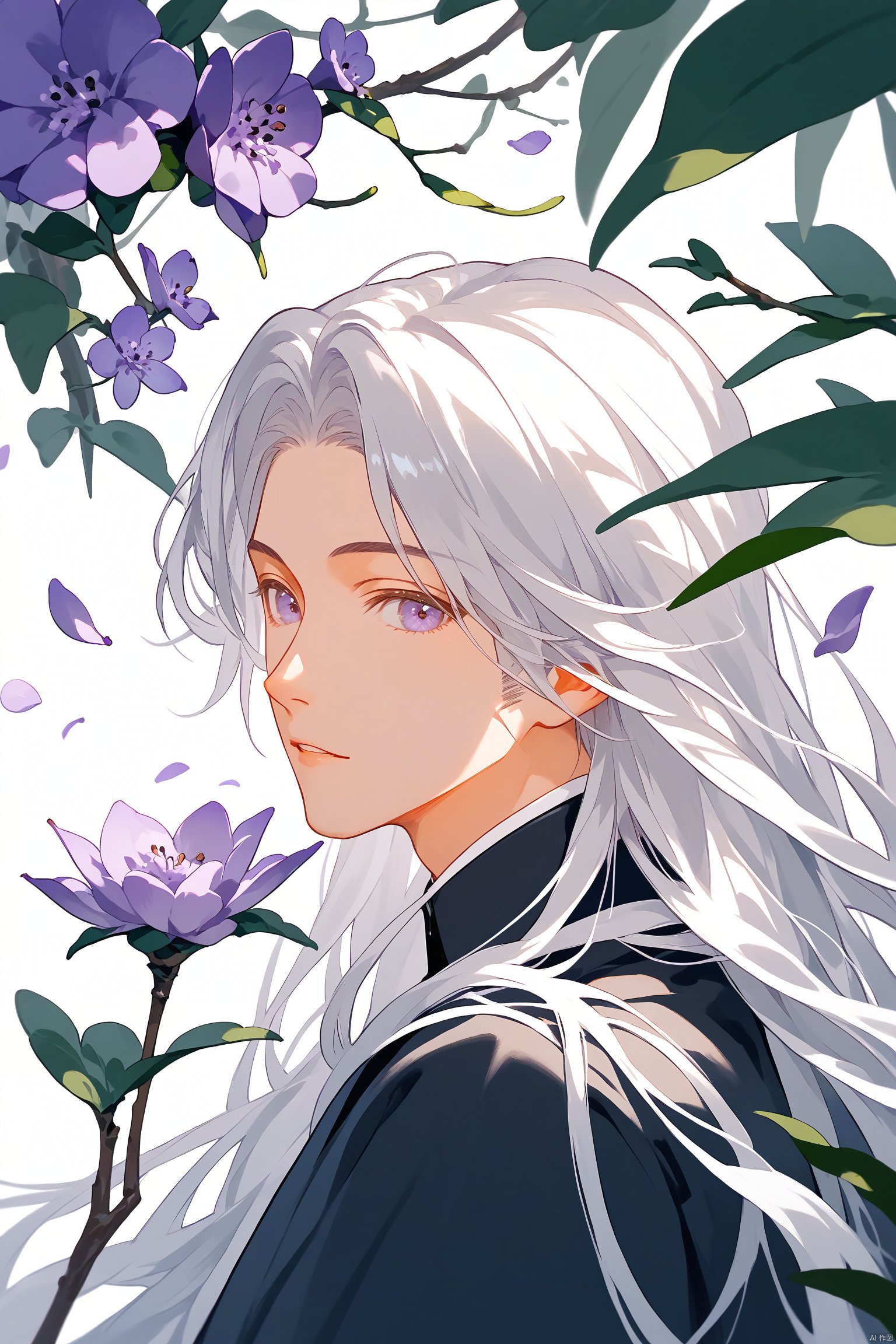  (score_9_up,score_8_up),solo, long hair, looking at viewer, 1boy, upper body, flower, white hair, male focus, from side, petals, wavy hair, plant, purple flower