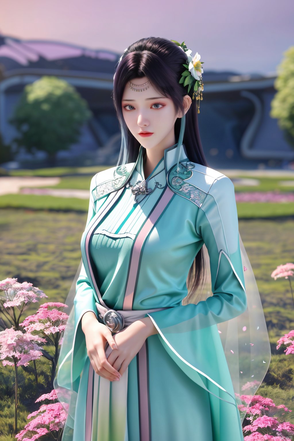  1girl,yuzu,qingsha,medium shot,solo,emotional_face,flower dress,flower armor,looking_at_viewer,green_theme,colorful blooming flowers,forming a dreamlike world,flower_garden,flowers everywhere,greens,pinks,bokeh,cinematic,exposure blend,(teal and orange:0.85),(muted_colors, dim_colors, soothing_tones:1.3),high contrast,low saturation,(Canon RF 85mm f/1.2L),glint sparkle,pantyhose,eyesseye,21yo girl,(big breasts:1.39), Xyunyun, desert_sky, Silhouette_Landscape,Xcheongsam, Yunxiao_Fairy