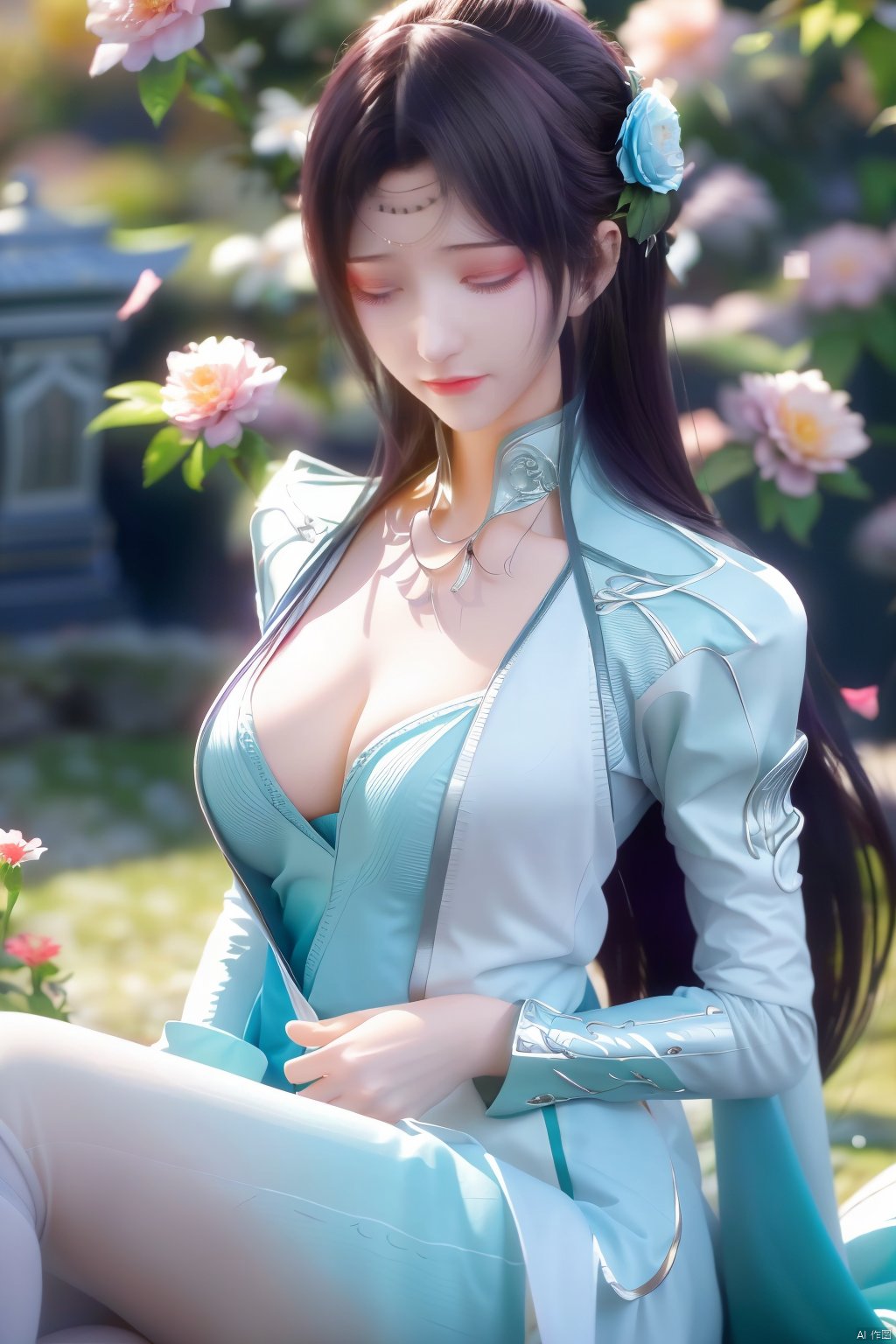  1girl,yuzu,qingsha,medium shot,solo,emotional_face,flower dress,flower armor,looking_at_viewer,green_theme,colorful blooming flowers,forming a dreamlike world,flower_garden,flowers everywhere,greens,pinks,bokeh,cinematic,exposure blend,(teal and orange:0.85),(muted_colors, dim_colors, soothing_tones:1.3),high contrast,low saturation,(Canon RF 85mm f/1.2L),tifa,huolinger,glint sparkle,pantyhose,xinniang,eyesseye,21yo girl,ajkds,yunbin,(big breasts:1.39), Xyunyun