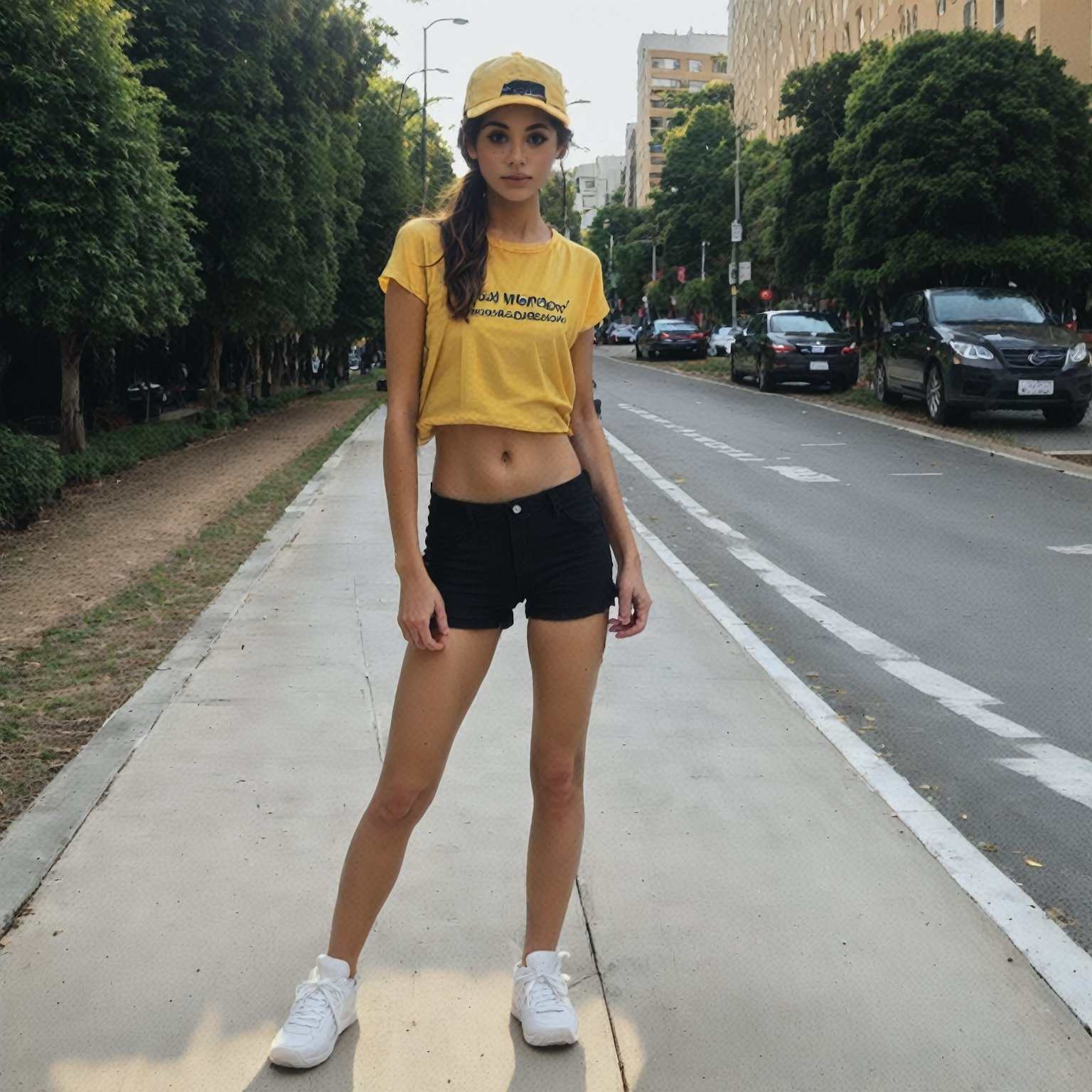 Real, realistic, source_real, (M31ka), 1girl, cinematic, full body, wearing a pair of cutoff shorts and a yellow crop top, low side ponytail, newsboy cap, three quarter pose, natural lighting, standing, city park, freckles