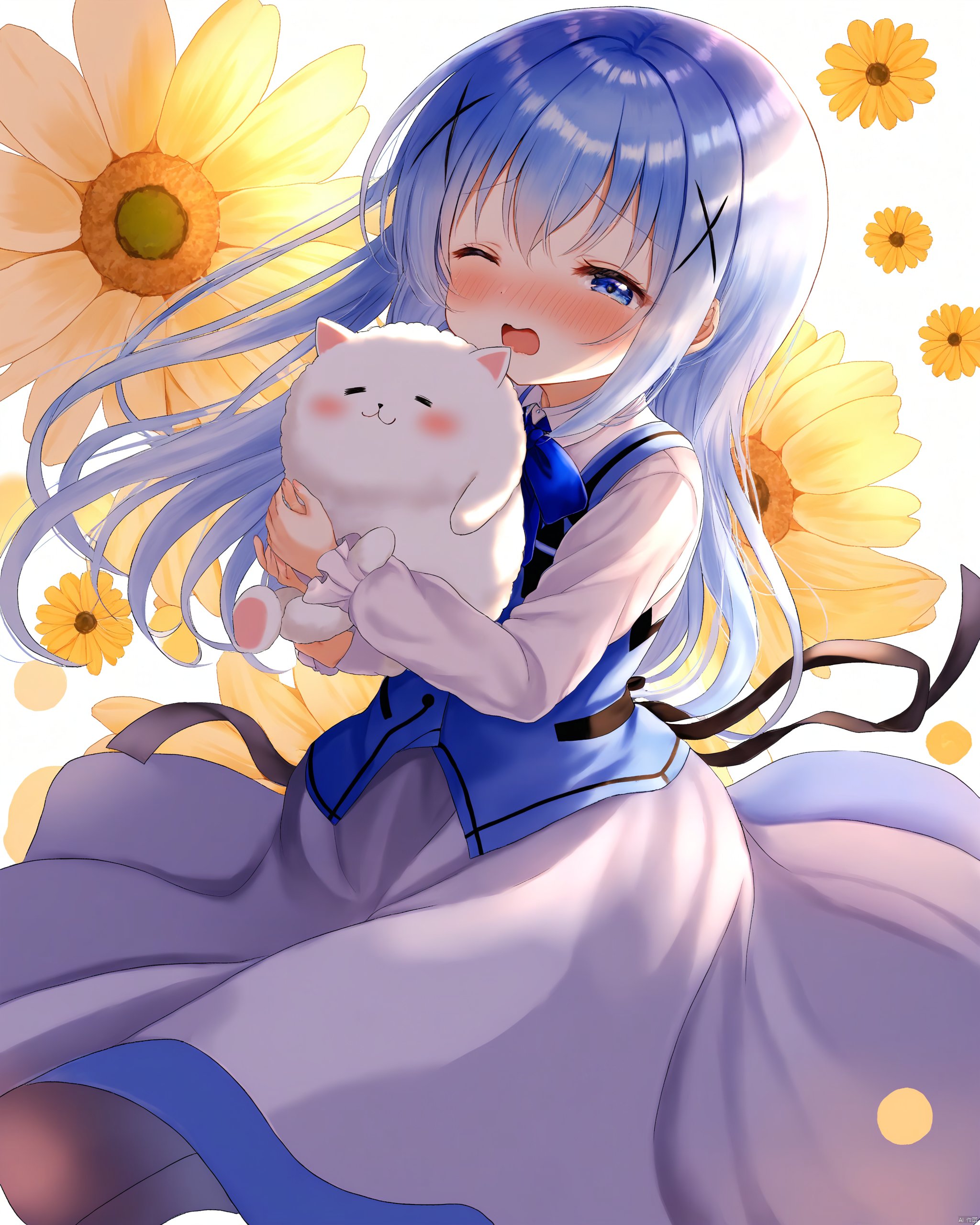 gochuumon_wa_usagi_desu_ka?,1girl, animal, black_ribbon, black_shirt, blue_eyes, blue_footwear, blue_hair, blue_vest, closed_eyes, embarrassed, gochuumon_wa_usagi_desu_ka?, holding, holding_animal, holding_rabbit, kafuu_chino, kawaiyutaro, light_blue_hair, light_blush, long_hair, long_skirt, long_sleeves, open_mouth, rabbit, rabbit_house_uniform, ribbon, shirt, skirt, tippy_\(gochiusa\), vest, waitress, white_background, white_shirt, white_skirt