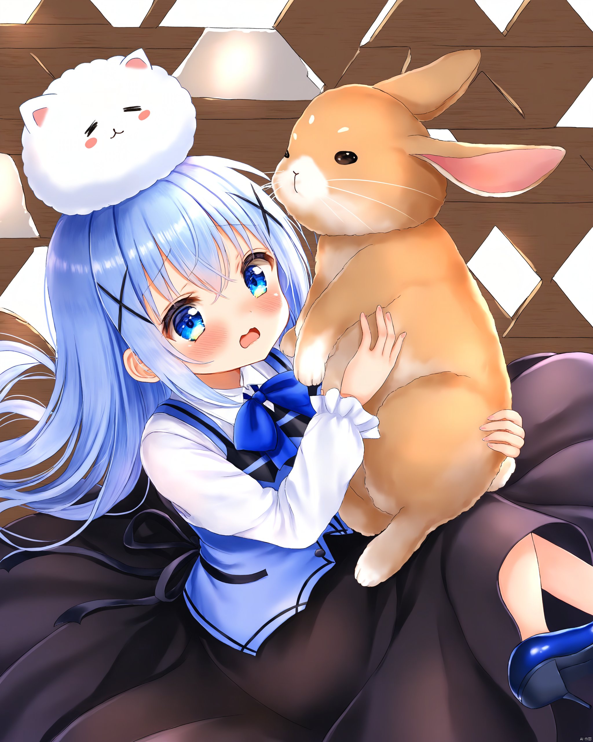 gochuumon_wa_usagi_desu_ka?,1girl, animal, black_ribbon, black_shirt, blue_eyes, blue_footwear, blue_hair, blue_vest, closed_eyes, embarrassed, gochuumon_wa_usagi_desu_ka?, holding, holding_animal, holding_rabbit, kafuu_chino, kawaiyutaro, light_blue_hair, light_blush, long_hair, long_skirt, long_sleeves, open_mouth, rabbit, rabbit_house_uniform, ribbon, shirt, skirt, tippy_\(gochiusa\), vest, waitress, white_background, white_shirt, white_skirt