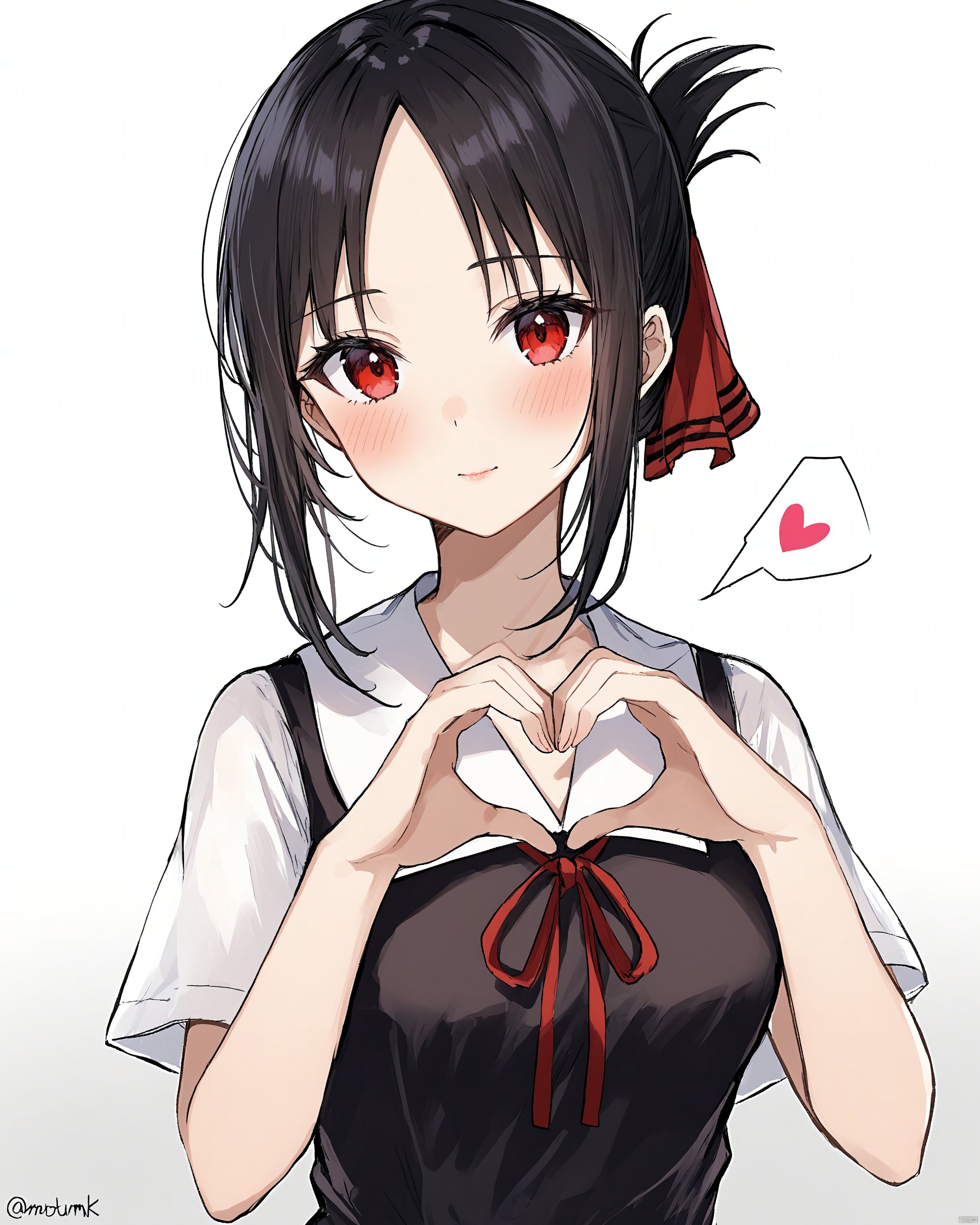 1girl, bad_id, bad_twitter_id, black_dress, black_hair, blush, breasts, closed_mouth, commentary, dress, eyelashes, fingers_together, gradient_background, grey_background, hair_ribbon, heart, heart_hands, highres, kaguya-sama_wa_kokurasetai_~tensai-tachi_no_renai_zunousen~, lips, looking_at_viewer, medium_breasts, medium_hair, motobi_\(mtb_umk\), neck_ribbon, parted_bangs, red_eyes, red_ribbon, ribbon, school_uniform, shinomiya_kaguya, short_ponytail, short_sleeves, shuuchiin_academy_school_uniform, simple_background, solo, spoken_heart, summer_uniform, twitter_username, upper_body, white_background